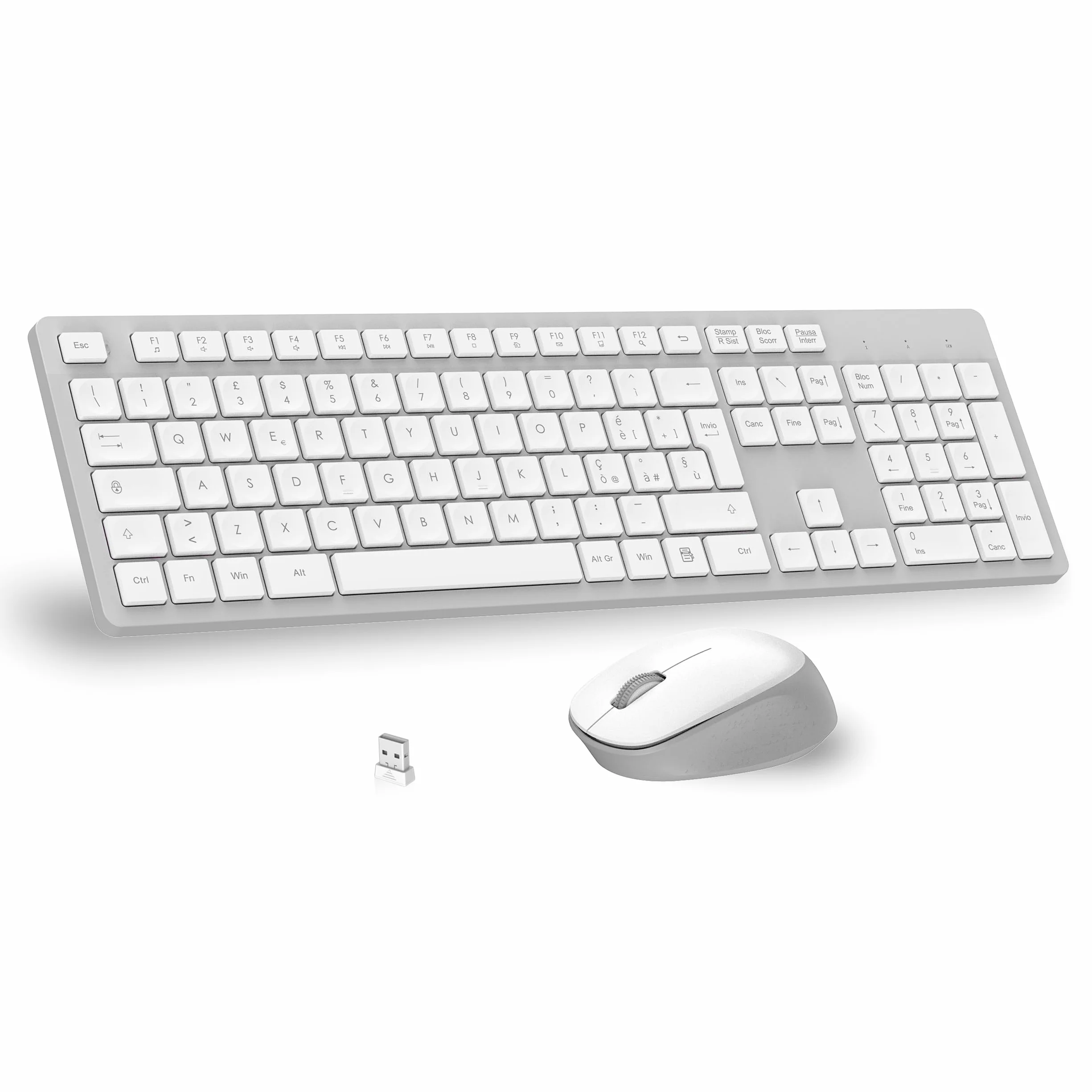 LeadsaiL Kit Tastiera e Mouse Wireless 2,4 GHz Layout Italiano QWERTY, Bianco e Grigio