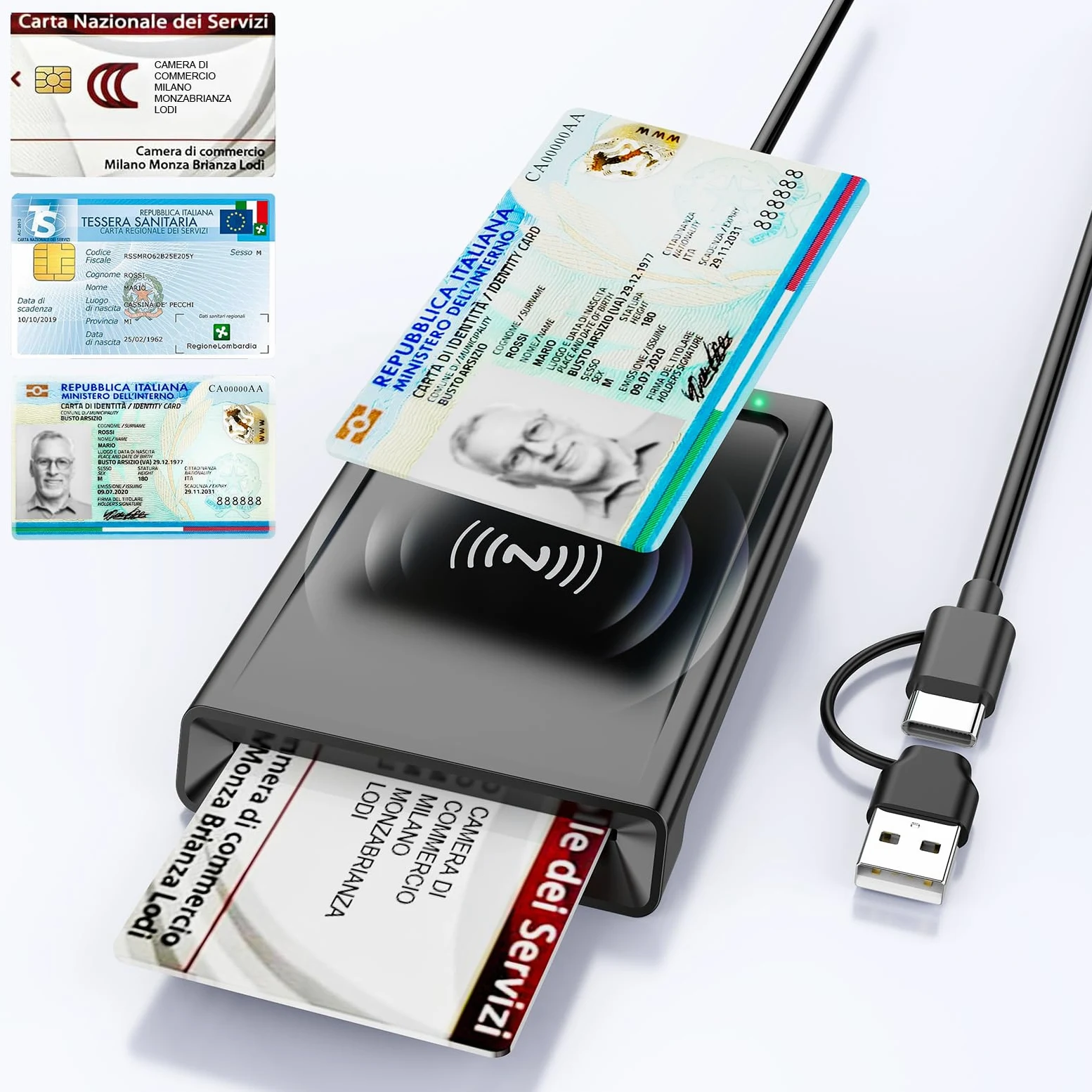 Lettore CIE 3.0 Carta d'Identità e Tessera Sanitaria,USB-A + USB-C Lettore Smart Card Firma Digitale,Lettore Carta Identita Elettronica Contatto e Contactless CIE/CRS/CNS Smart Card NFC per Windows