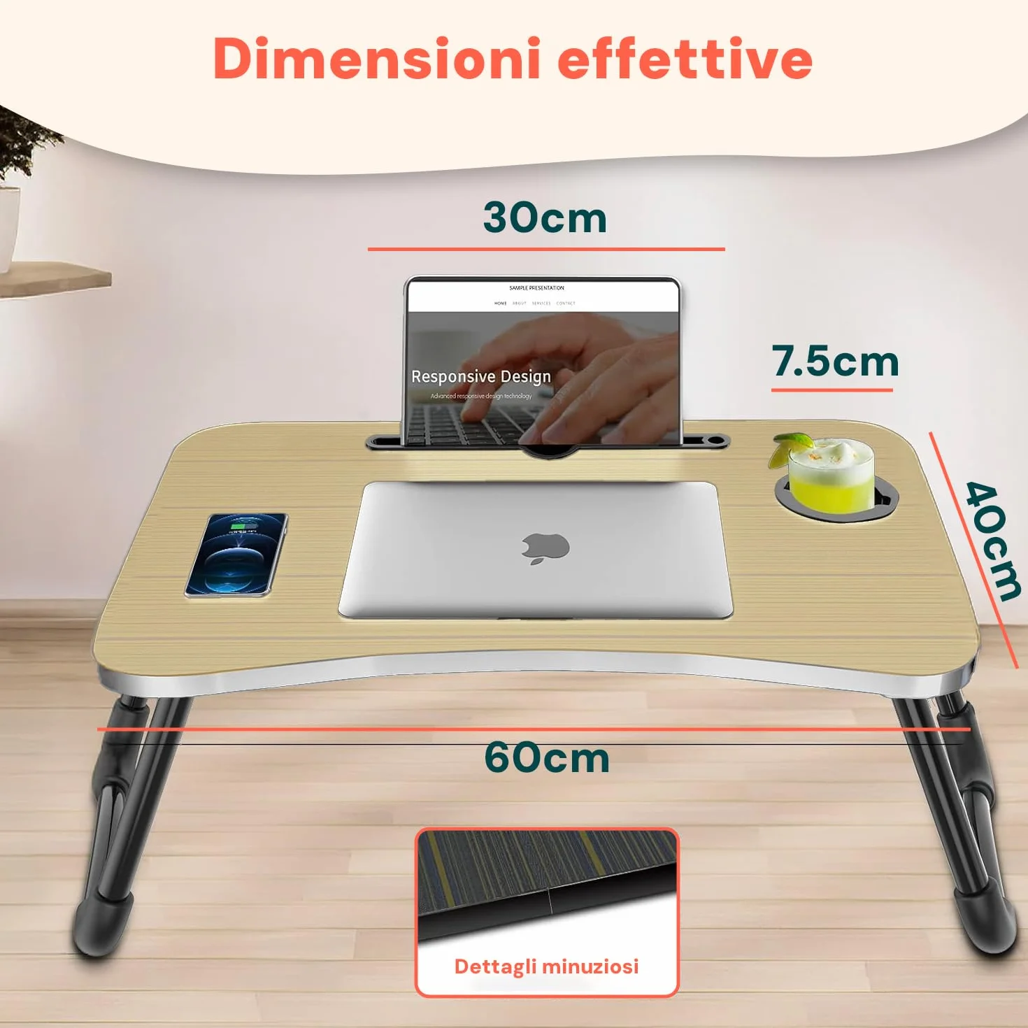 Avilia Tavolino da Letto Pieghevole 60×40 cm – Vassoio da Letto con Leggio Tablet e Porta Bicchiere, Scrivania Portatile Laptop per Smart Working, Colazione a Letto e Divano, Salvaspazio