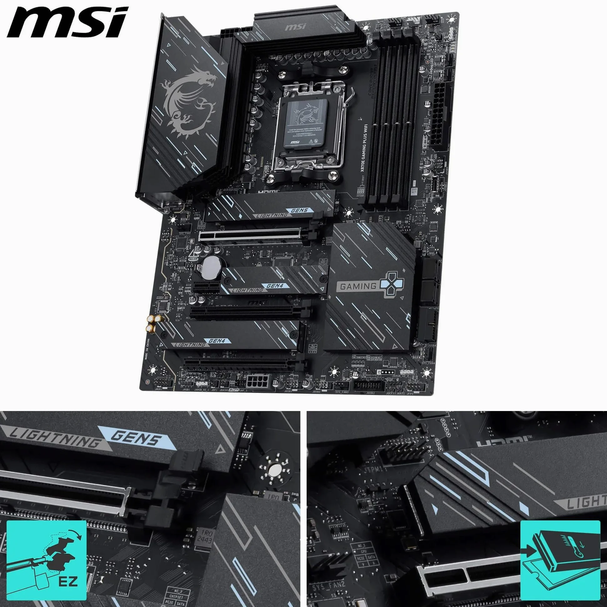 MSI Scheda madre X870E Gaming Plus WiFi, ATX - Supporta processori AMD Ryzen 9000/8000/7000, AM5-60A SPS VRM, DDR5 Memory Boost 8200+ MT/s (OC), PCIe 5.0 x16 e 4.0 x4, M.2 Gen5, Wi-Fi 7, 5G LAN