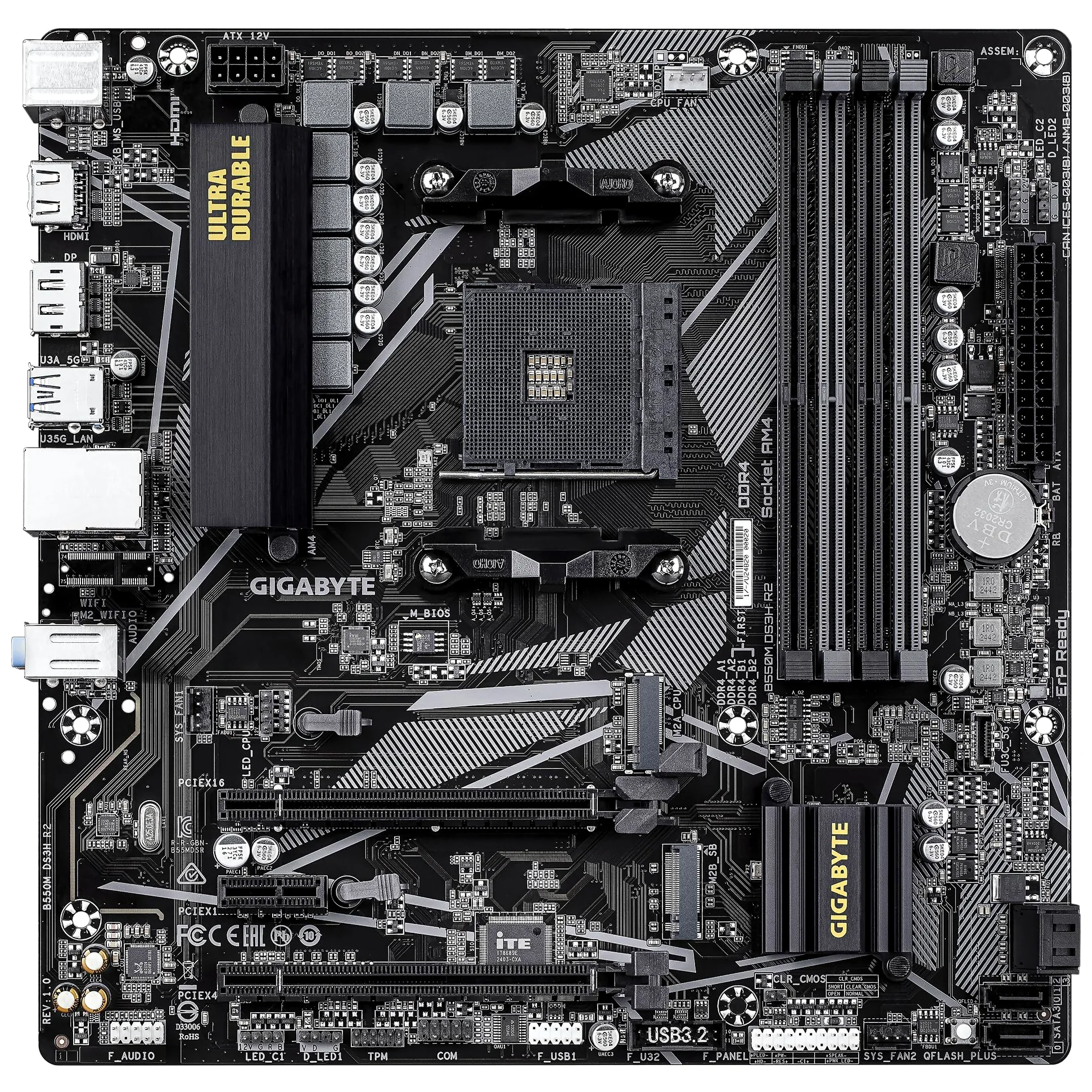 GIGABYTE B550M DS3H R2 Scheda madre - CPU AMD Ryzen 5000, VRM a 5+3 fasi, fino a 4733 MHz DDR4 (O.C.), 1x M.2 PCIe 4.0 + 1x M.2 PCIe 3.0, LAN 1 GbE, USB 3.2 Gen 1