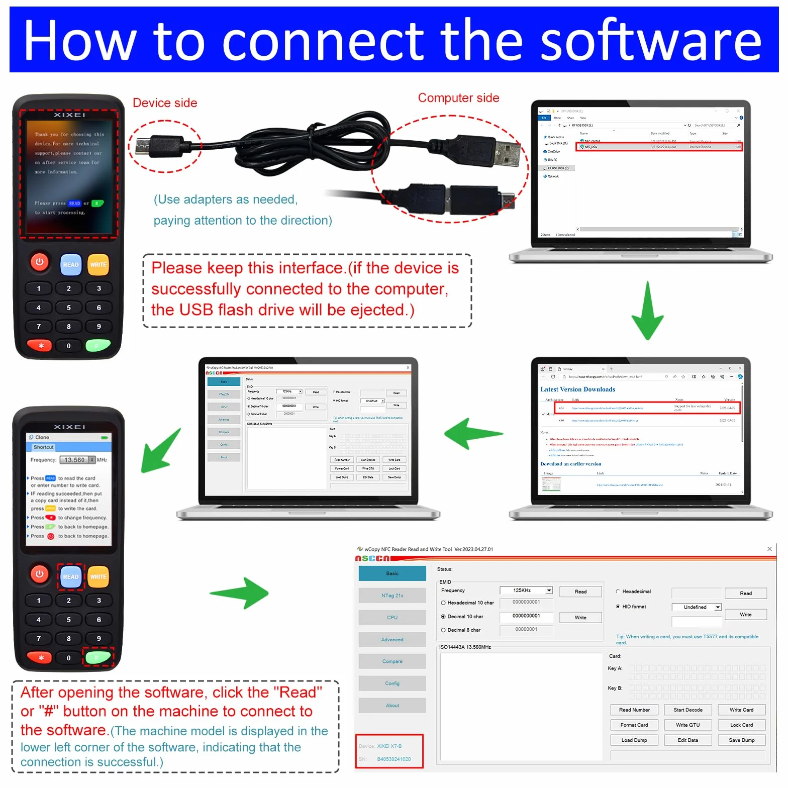 X7 NFC RFID Card Copier Reader Writer Duplicatore per controllo accessi fibbie ID 125KHz e schede IC da 13,56 MHz con 5 schede UID, 5 portachiavi UID e 5 portachiavi T5577