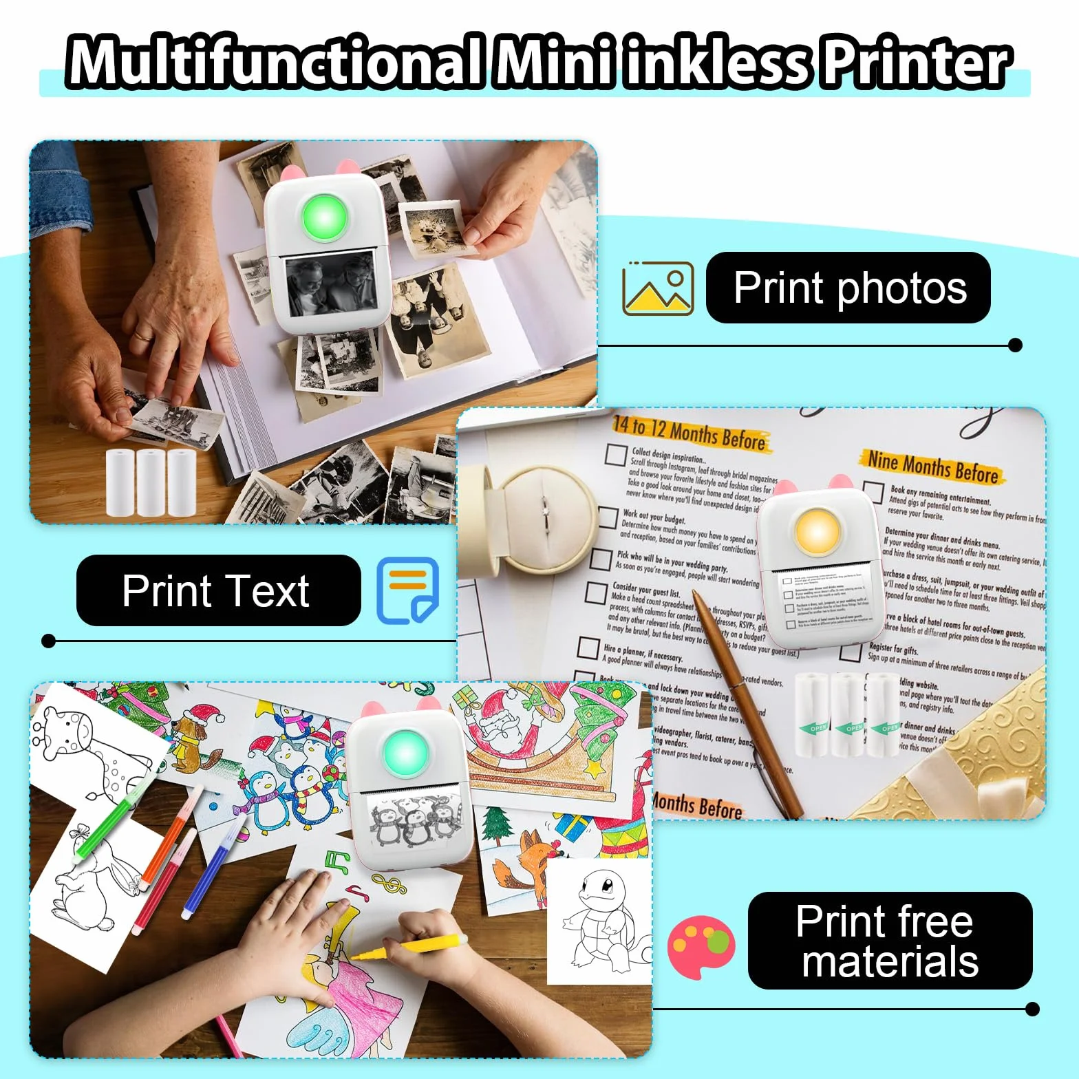 Mini Stampante Fotografica,Stampante Termica,immagine per foto, stampa di ricevute,stampante fotografica,con 10 rotoli di carta 1 adesivo per smartphone, per Fotografica Note Elenco Memo (Pink A)