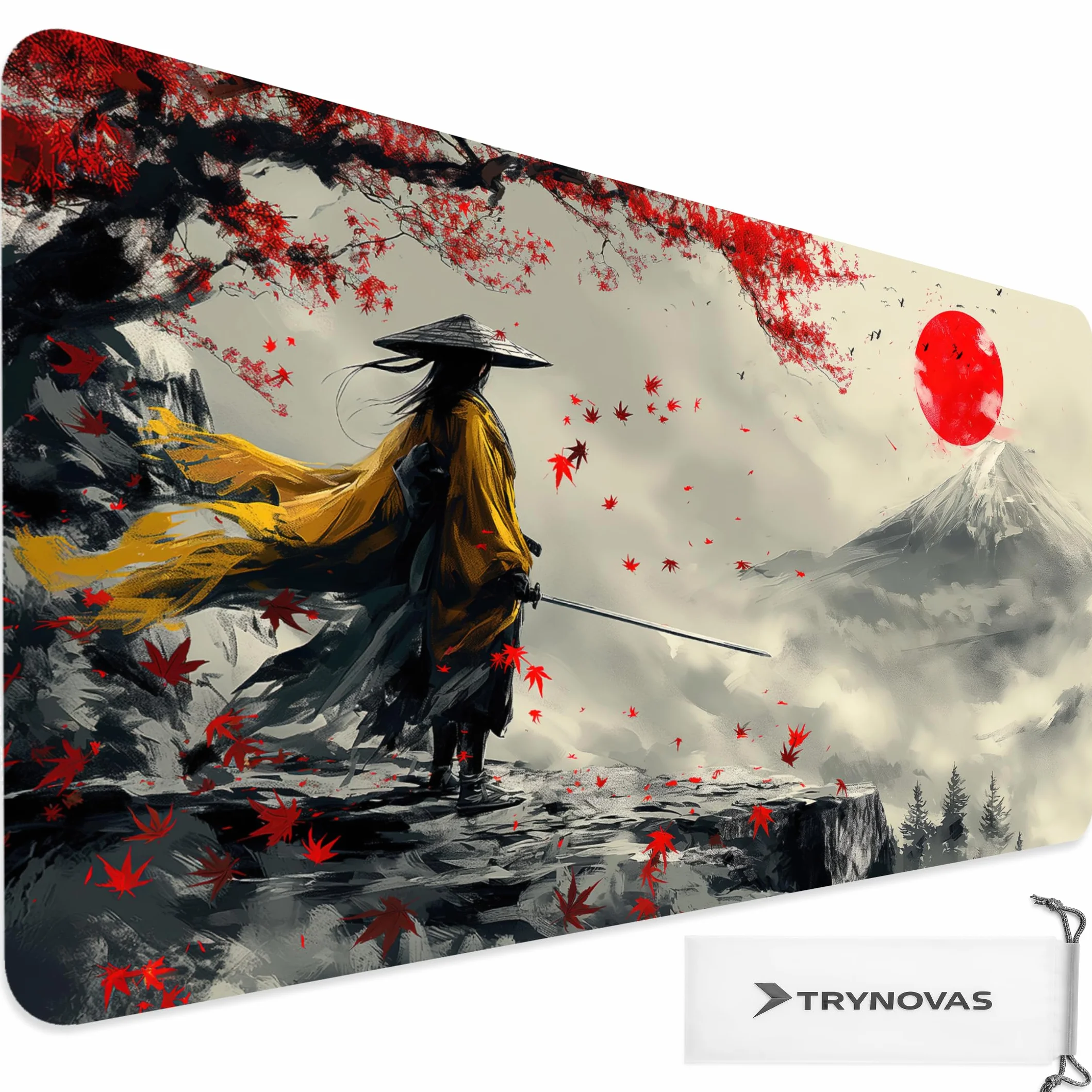 Tappetino Mouse XL 80×30 cm (3mm) – Samurai Giapponese Fuji & Sole Rosso – Desk Mat Gaming Antiscivolo, Bordi Cuciti, Tappetino Scrivania Grande per PC e Laptop