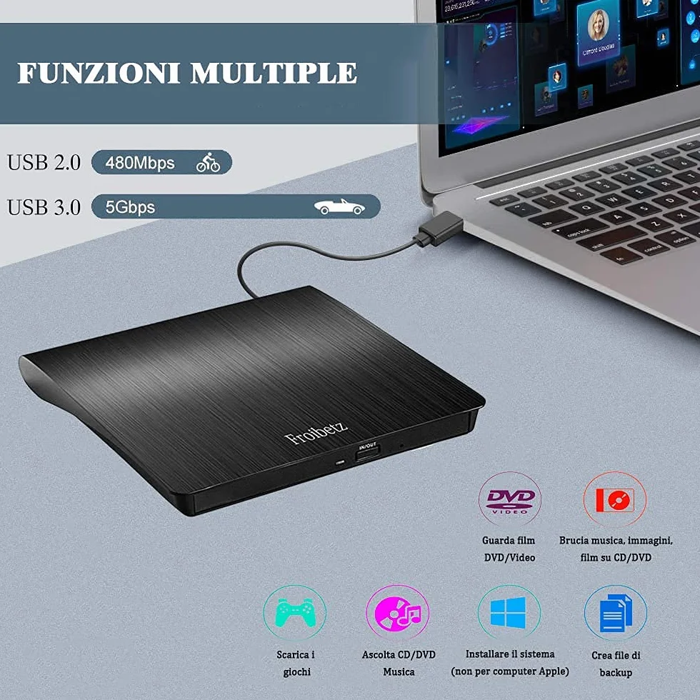 Masterizzatore DVD CD Externo Unità USB 3.0 DVD-R CD-RW Dispositivo Lettore di Schede Portatile Ultra Slim External Disc con Mac/OS/XP/Win11/Win10/Win7/Win8 (Black)