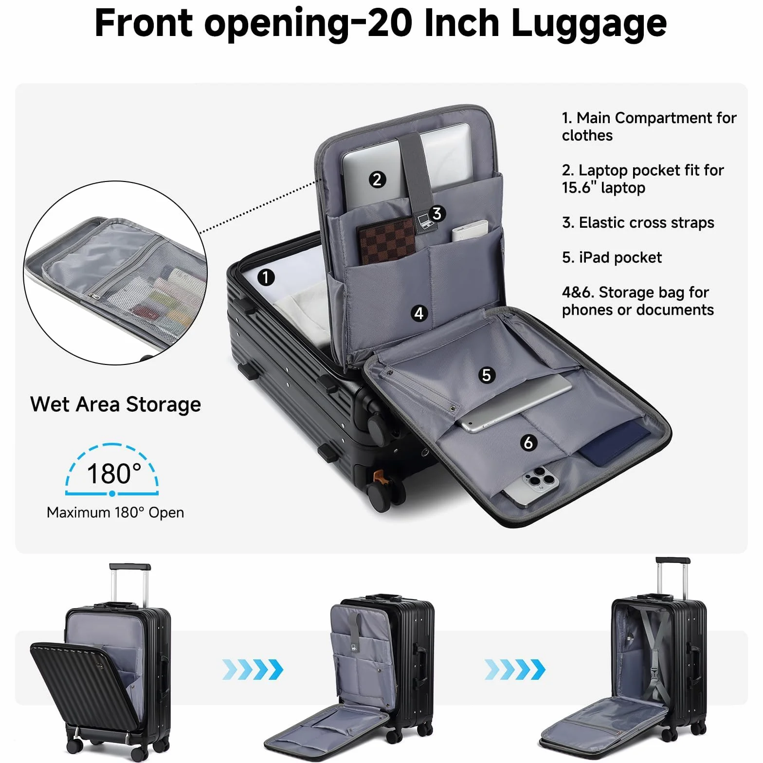 Sea choice Valigia Bagaglio a Mano con Tasca Frontale per Laptop 20" PC Valigia Trolley Porta con USB, 4 Rotelle con lucchetto TSA, Porta bicchieri