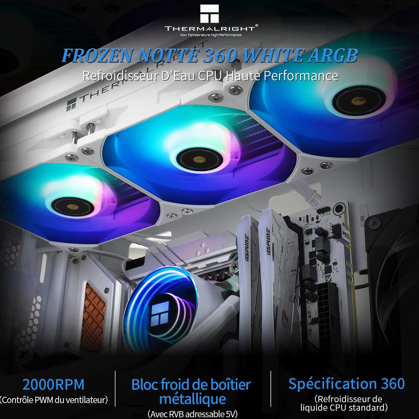 Thermalright Frozen Notte 360 WHITE ARGB V2 - Raffreddamento ad acqua, 360 specifiche del radiatore CPU bianco, 3 ventole PWM da 120 mm, adatto per AM5/ AM4/Intel LGA 1700/1851/1150/1151/1200/2011