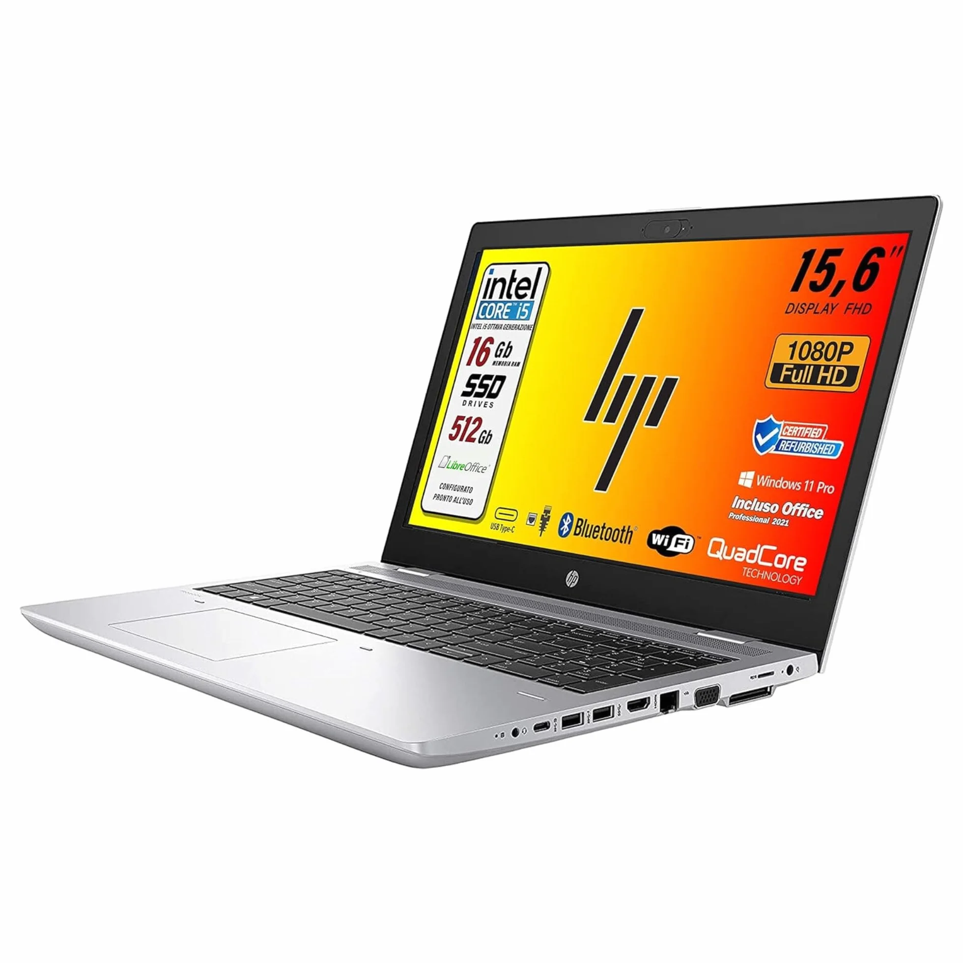HP ProBook 650 G5 intel i5-8250U Intel Core i5 di 8 gen. 15.6" HD Libre Office, Ram 16GB SSD 512Gb, 3 x usb 3.0, 1 x HDMI, Wi-Fi, W11 (Ricondizionato)