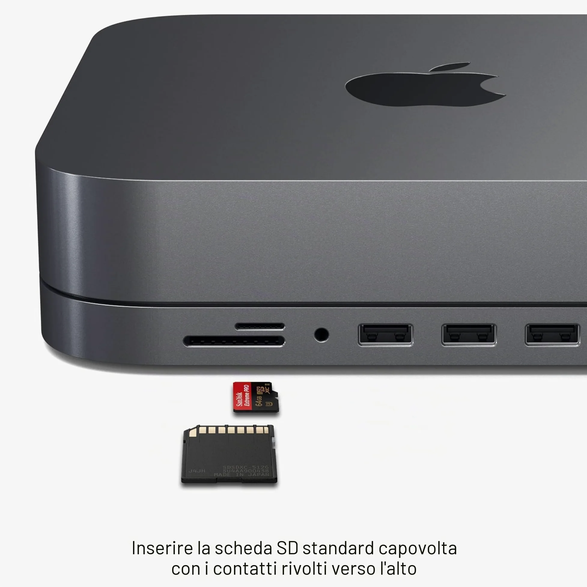SATECHI Hub USB C e Supporto 7 in 1 per Mac Mini M2/M1 con 3x Porte USB-A e 1x USB-C a 5 Gbps, Lettori Micro/SD, USB 3.0 e Porta Audio 3,5 mm (Non Compatibile con Mac Mini M4) Grigio Siderale