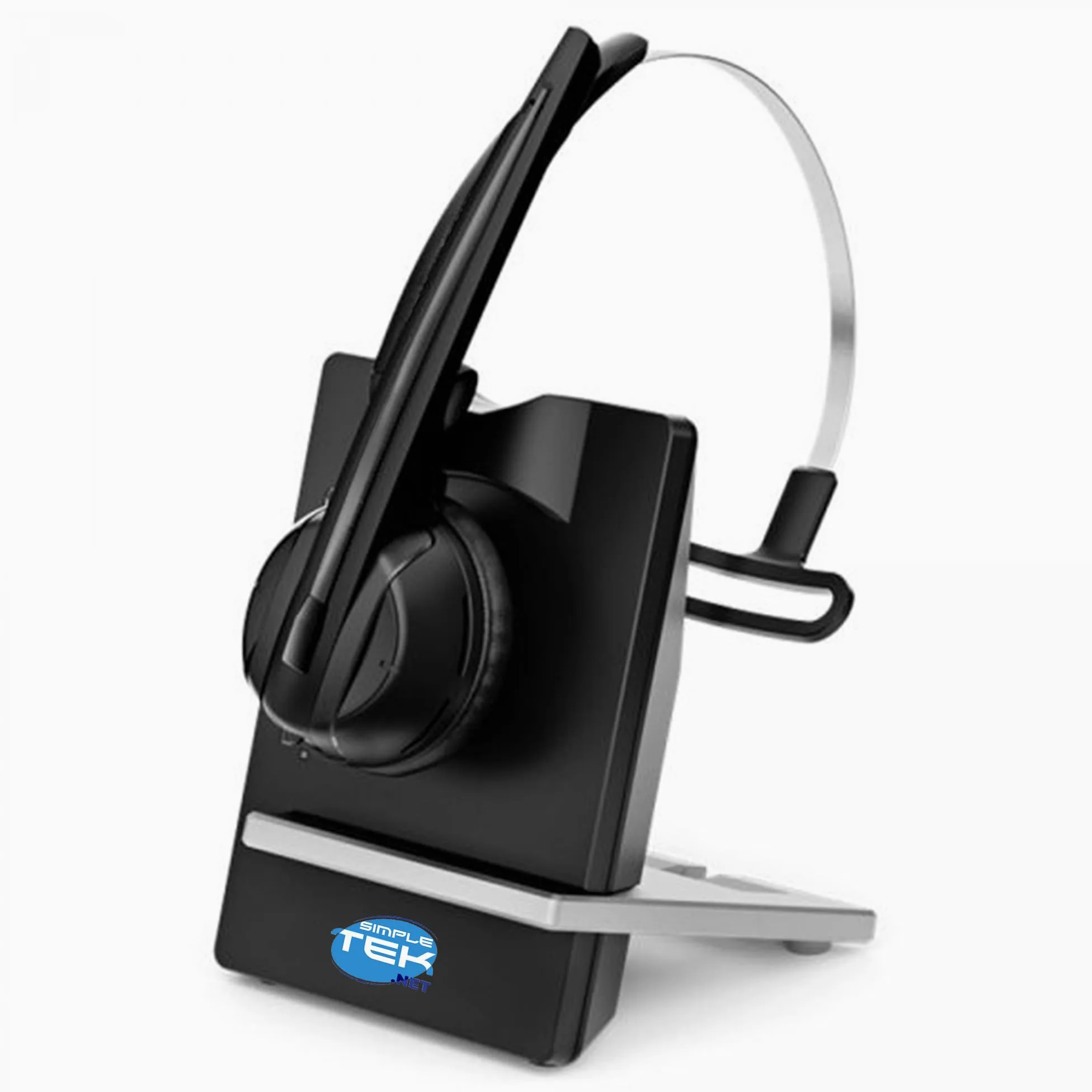 SIMPLETEK - Cuffia mono wireless DECT con base, microfono a cancellazione del rumore, compatibile con telefoni fissi e softphone via USB, cavo RJ9 e alimentatore UK inclusi