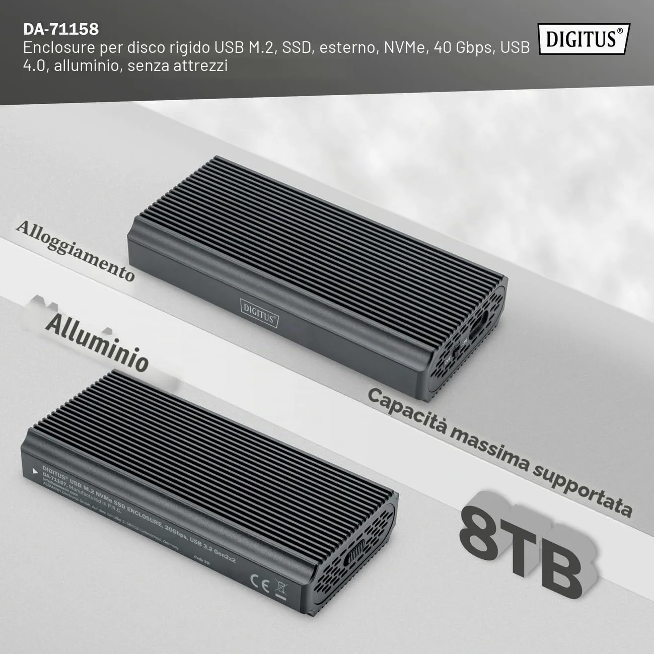 Custodia Per Disco Rigido Digitus Usb M.2, Ssd, Esterna, Nvme, 40 Gbps, Usb 4.0, Alluminio, Senza Attrezzi
