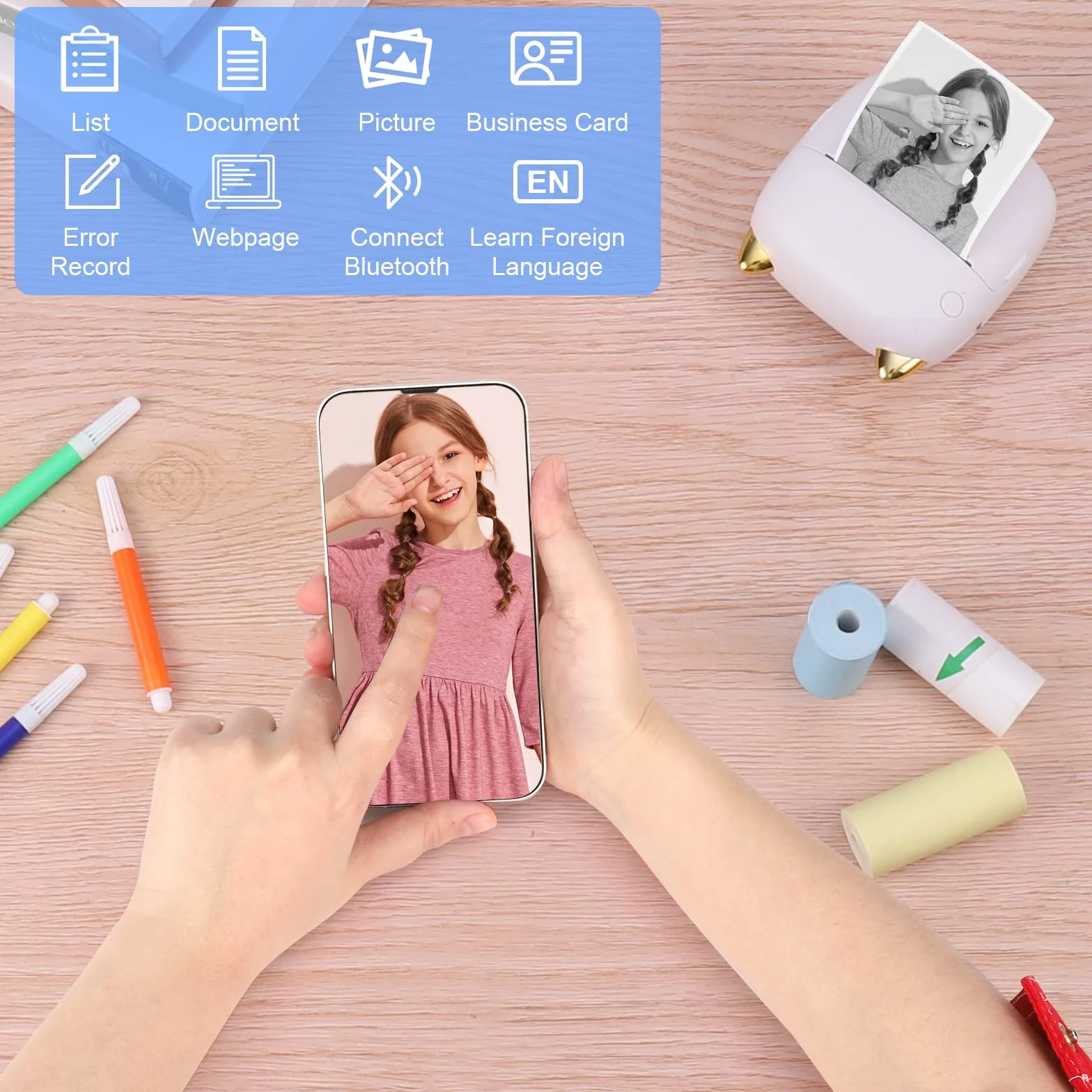 GuKKK Mini Stampante Fotografica, Mini Stampante Termica con LED colorati, Stampante Fotografica Istantanea Portatile, Mini Stampante Termica Bluetooth Ricarica USB, per Note, Diario, Elenco