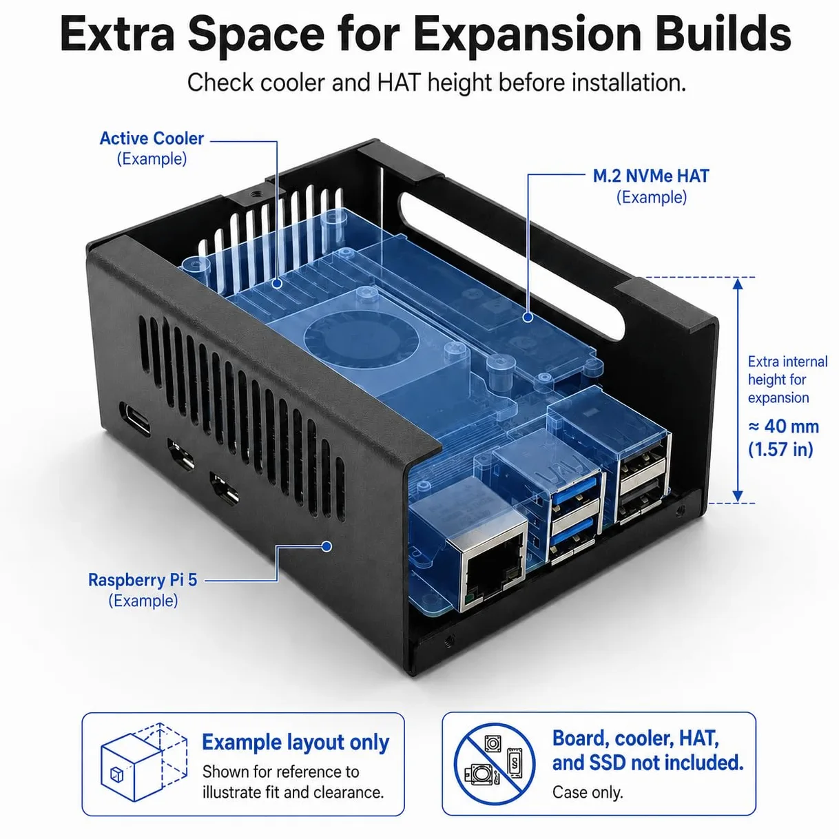 Custodia in metallo per Raspberry Pi 5, supporto Pi 5 Active Cooler, spazio per cappelli, schede aggiuntive, refrigeratore e cappelli NVMe (nero)