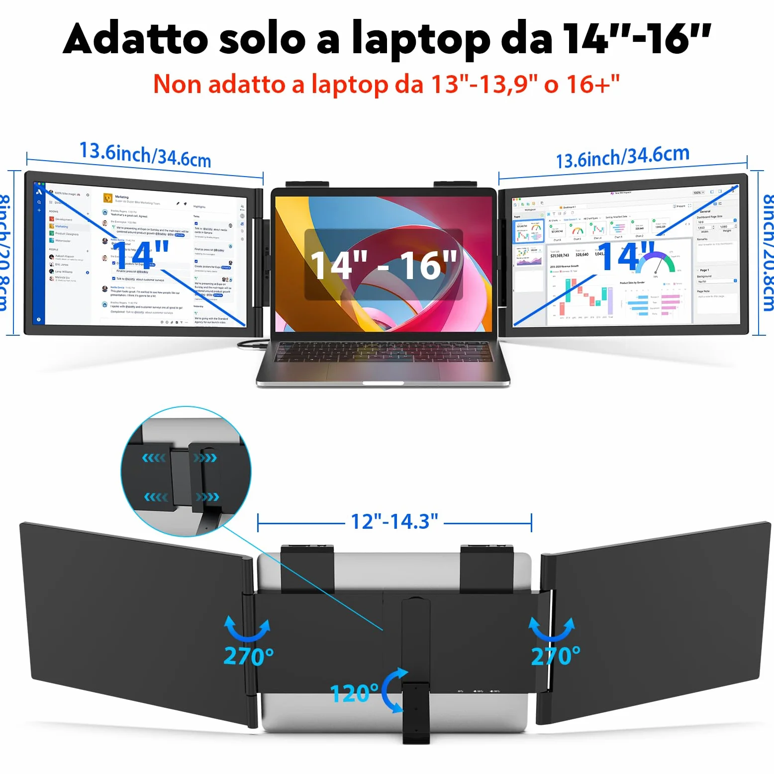 MAGICRAVEN Doppio Schermo PC Portatile, 14" FHD 1080P IPS Triplo Schermo PC Portatile, Monitor Portatile per Laptop da 14" a 16", Doppio Monitor Compatibile con Windows/MacBook/Chrome/PS/X-Bo