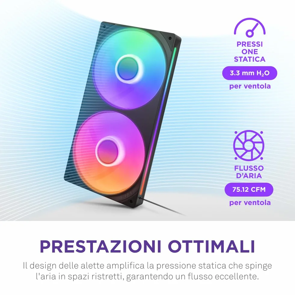 NZXT F240 RGB Core - Telaio singolo 240 mm con 2 ventole RGB 120 mm - Controllo velocità illuminazione - Alta pressione statica e flusso d'aria - Cuscinetti fluidodinamici - 8 LED aRGB - Nero