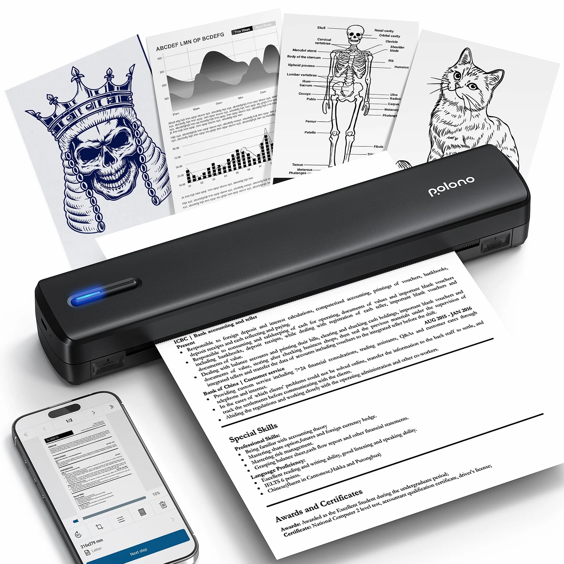 POLONO Stampante termica A4 wireless portatile 8,5"x11" US Letter iOS Android laptop Nero
