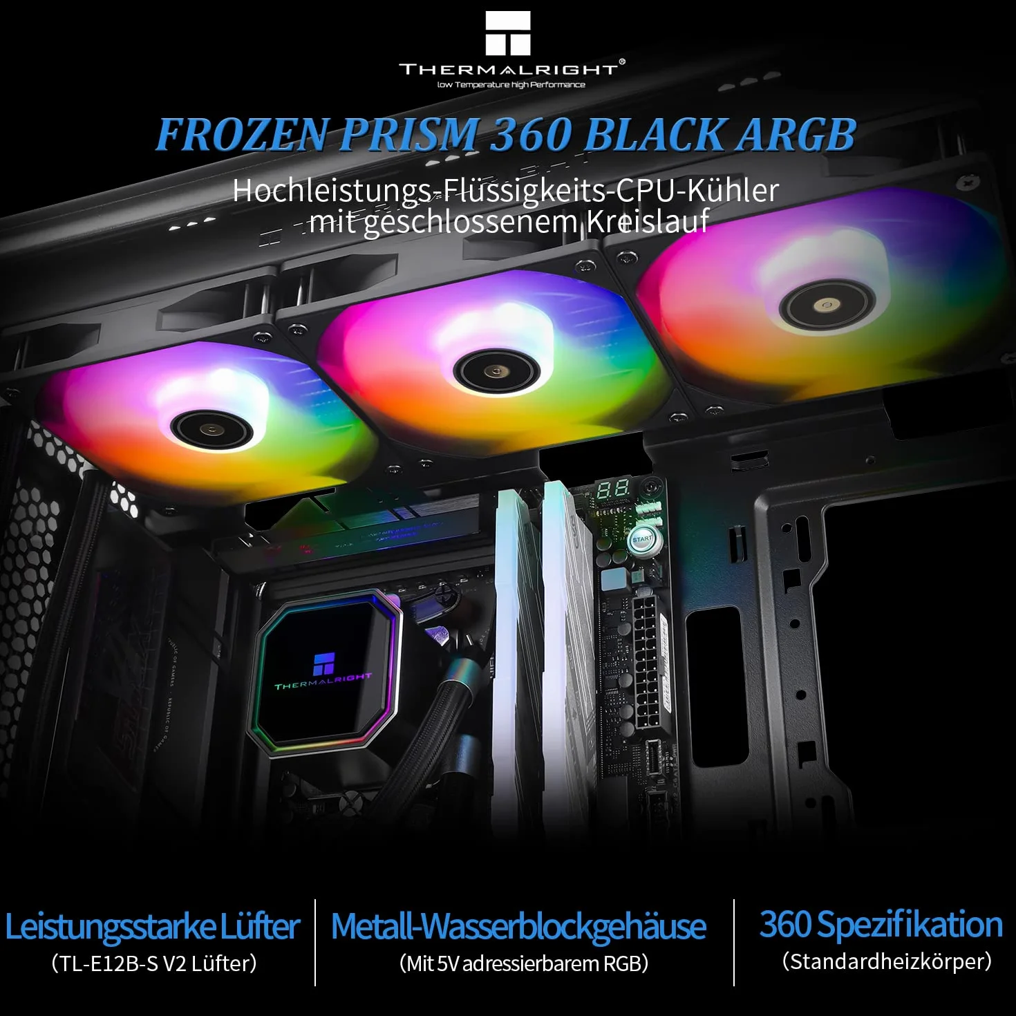 Thermalright Frozen Prism 360 Black ARGB- Radiatore ad acqua CPU ARGB con doppia ventola PWM, velocità di rotazione 2800RPM, per AM4/AM5, Intel LGA1150/1155/1200/1700/1851