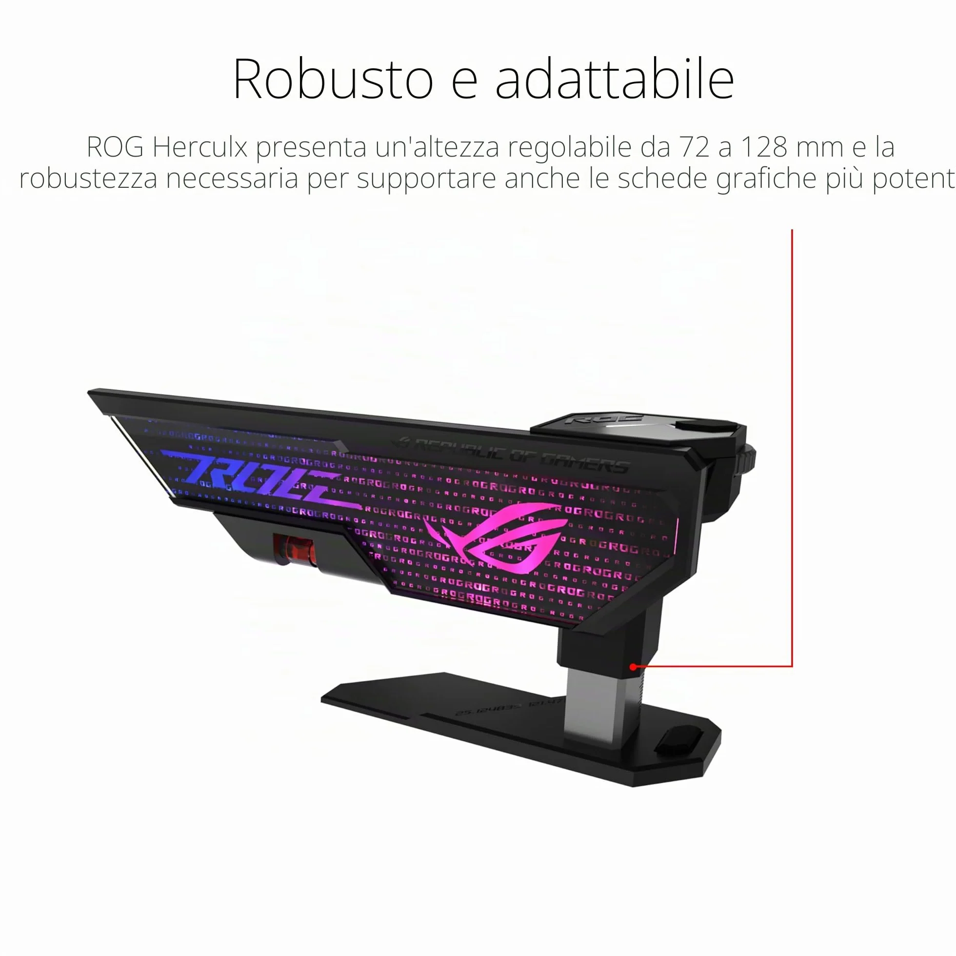 ASUS ROG Herculx Sostegno Per Scheda Grafica, Montaggio Senza Attrezzi, Comoda Livella Integrata, Struttura in Lega Di Zinco, Altezza Regolabile da 72 a 128mm, Aura Sync, Nero