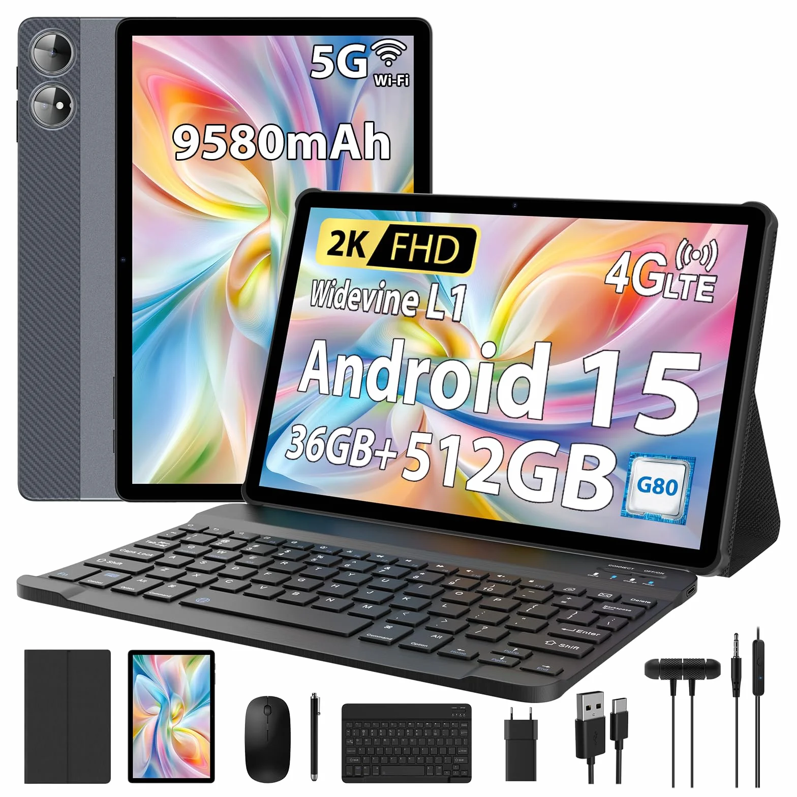 2025 2K Tablet 11 Pollici con Android 15, 36GB RAM+512GB ROM, 4G SIM LTE+5G WiFi, 2000 * 1200, Octa Core, 13MP+8MP, WidevineL1/9580mAh/BT5.0/OTG/GPS-Tablet in offerta con tastiera(Grigio)
