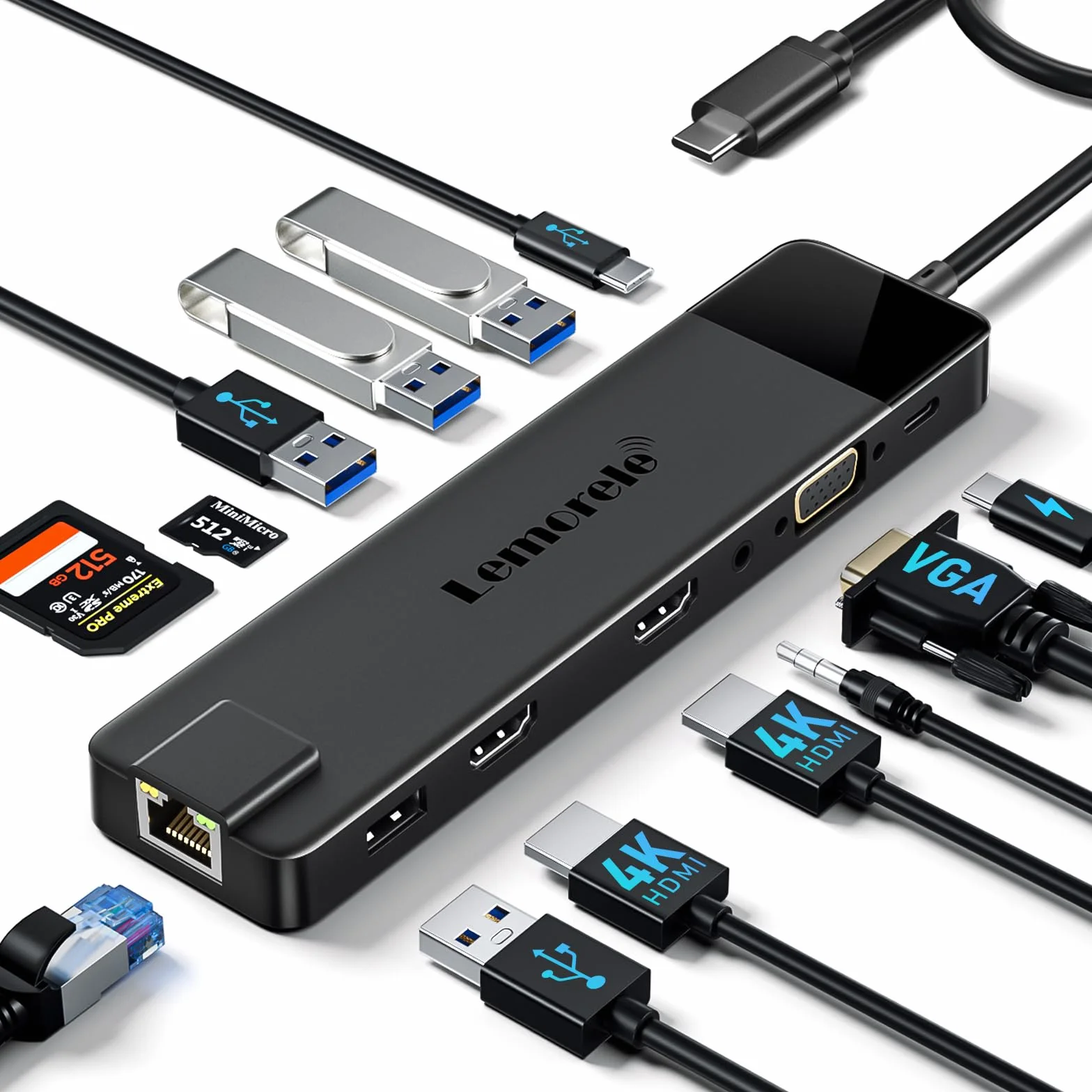 Lemorele Docking Station Gigabit Ethernet, 13-in-1 USB C Hub con 2*HDMI 4K, 4*USB-A 3.0/2.0, USB-C 3.0, PD 100W, SD/TF, VGA, Audio, 1000M RJ45, 3 Display Multiporta USB Adattatore per MacOS e Windows