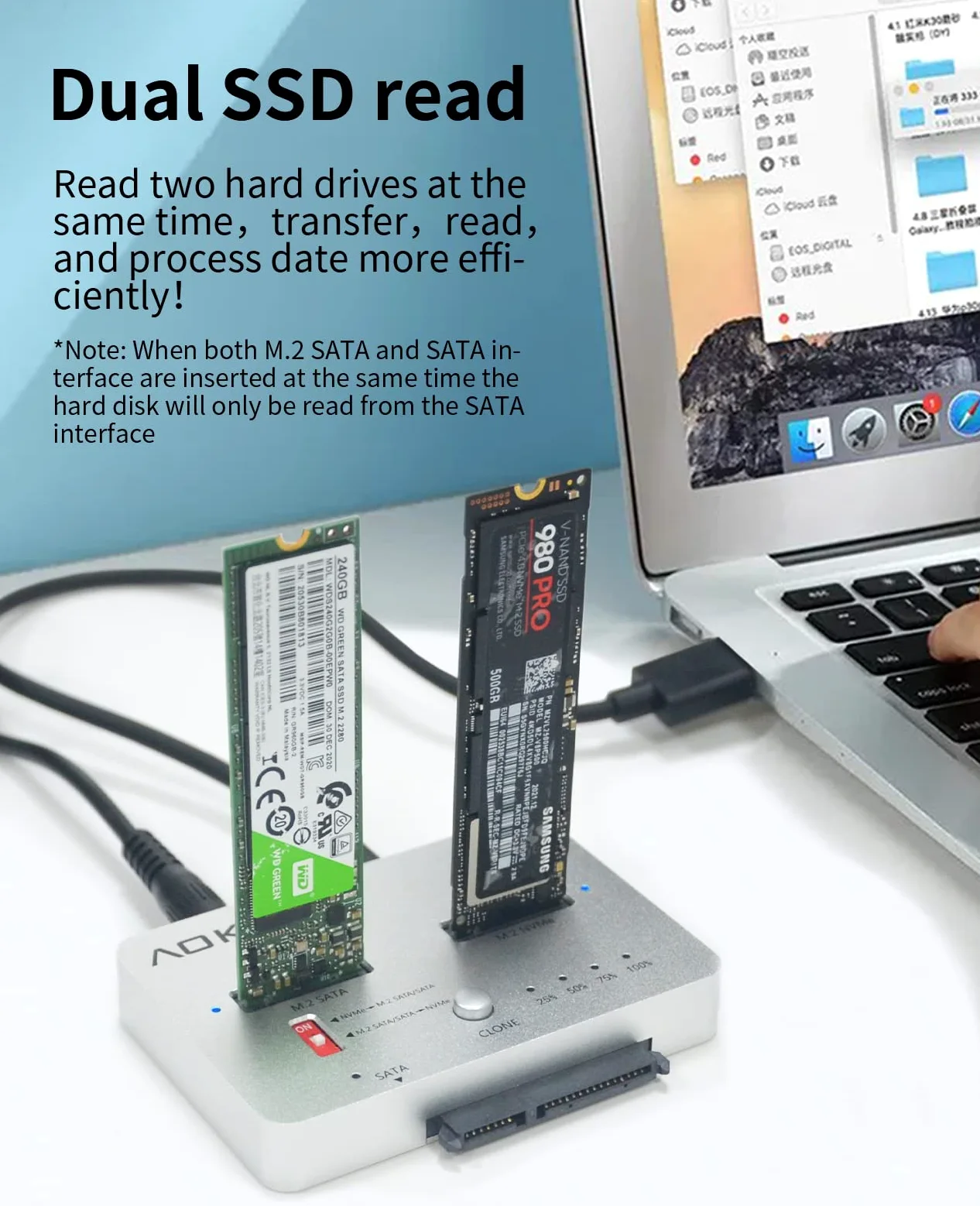 AOKO M.2 Duplicatore SATA a NVMe SSD Cloner, adattatore NVMe a SATA SSD e lettore di dischi rigidi, docking station per PCIe + M.2 NGFF e 2,5 "/3,5" SATA SSD/HDD e cloner bidirezionale offline hard