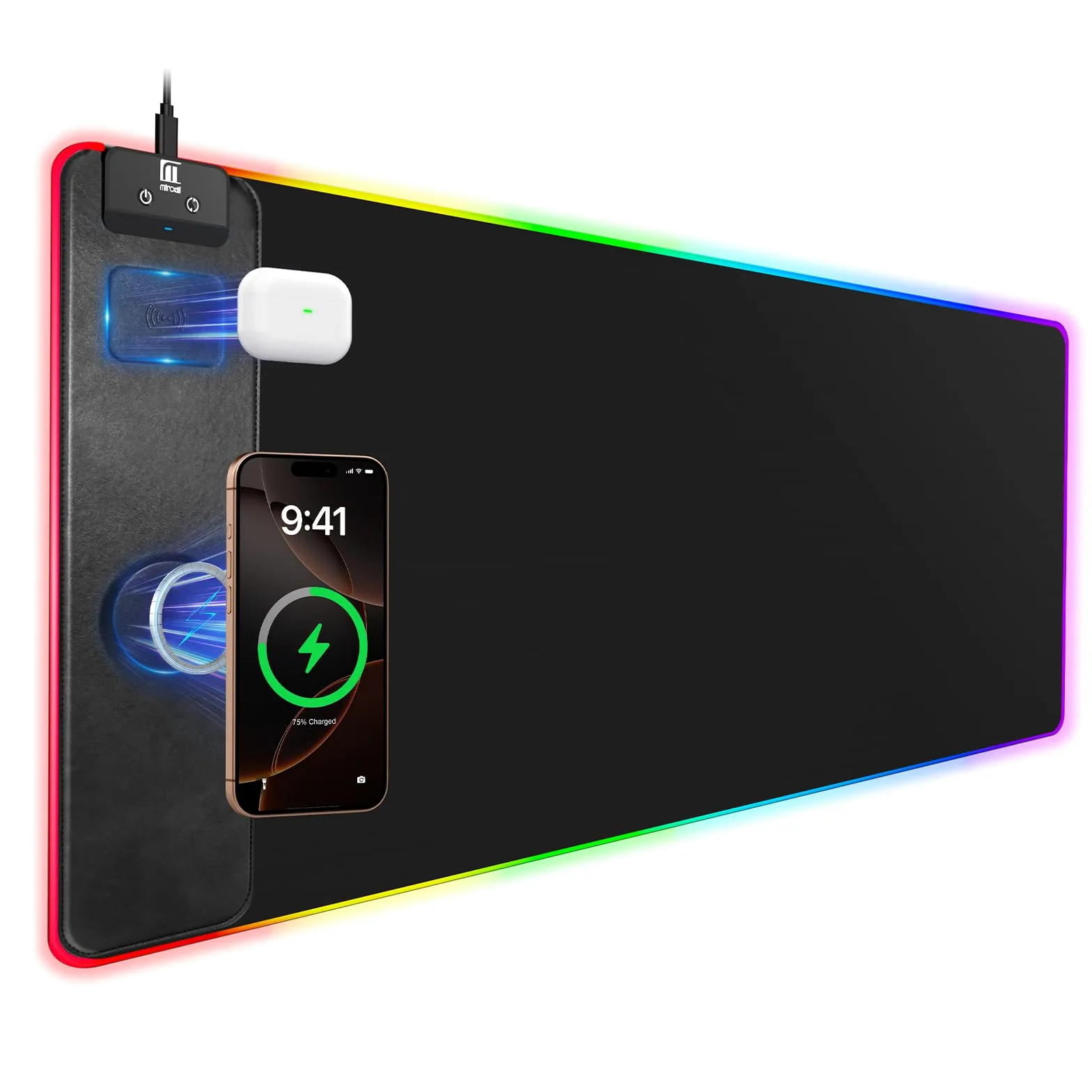 Tappetino per mouse con ricarica wireless magnetica, grande protezione per tappetino da scrivania, tappetino da scrivania nero RGB con caricabatterie rapido da 15 W, tappetino per mouse antiscivolo