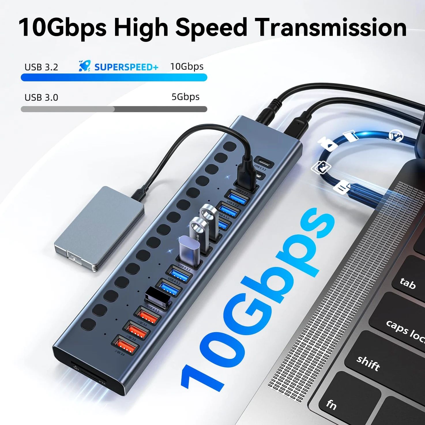 Powered USB Hub, VANGREE 17-Port USB Splitter (7 USB 3.0 Ports+3 2.4A Charging Ports+3 USB 2.0 Ports+2 USB-C 3.0 Ports+SD/TF Card Reader), Individual On/Off Switches, 90W Power Adapter for Laptop, PC