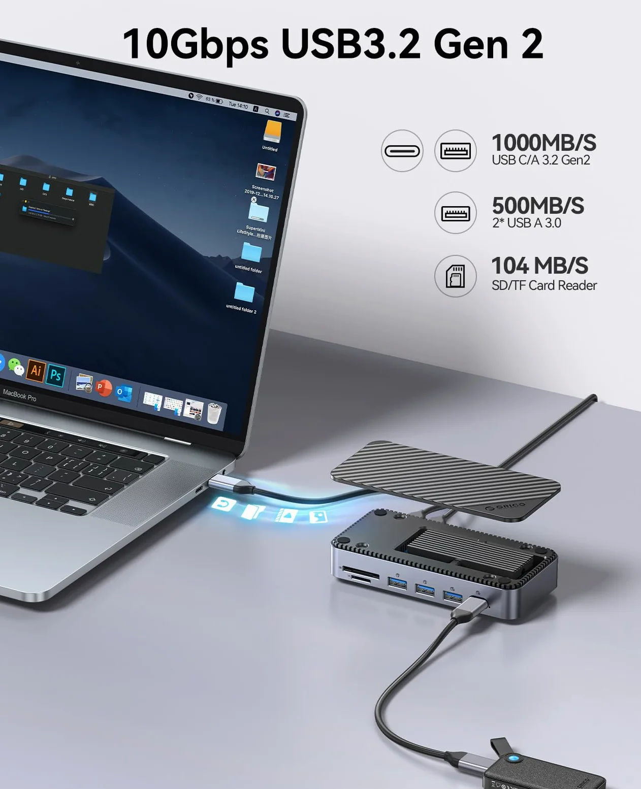 ORICO Hub C 11 in 1 con alloggiamento SSD M.2, docking station con ventilatore, HDMI, DP, Gigabit Ethernet, PD, SD/TF, audio/microfono, 10 Gbps e 2x5 Gbps