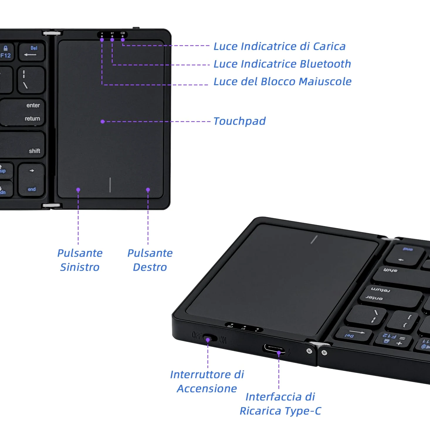 Mcbazel Tastiera senza fili pieghevole con touchpad per tablet/cellulare/PC, tastiera portatile senza fili ricaricabile supporta più dispositivi/iOS/Android/MacOS/Windows, Layout US – nero
