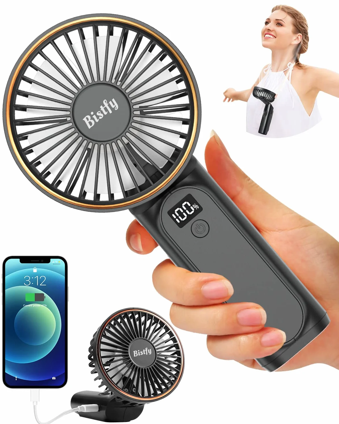 Ventilatore Portatile 5200mAh Ultra Silenzioso 6 Velocità USB C Mini Ventilatori da Tavolo con LCD Display, 180° Pieghevole con Cordino come Ventilatore da Collo
