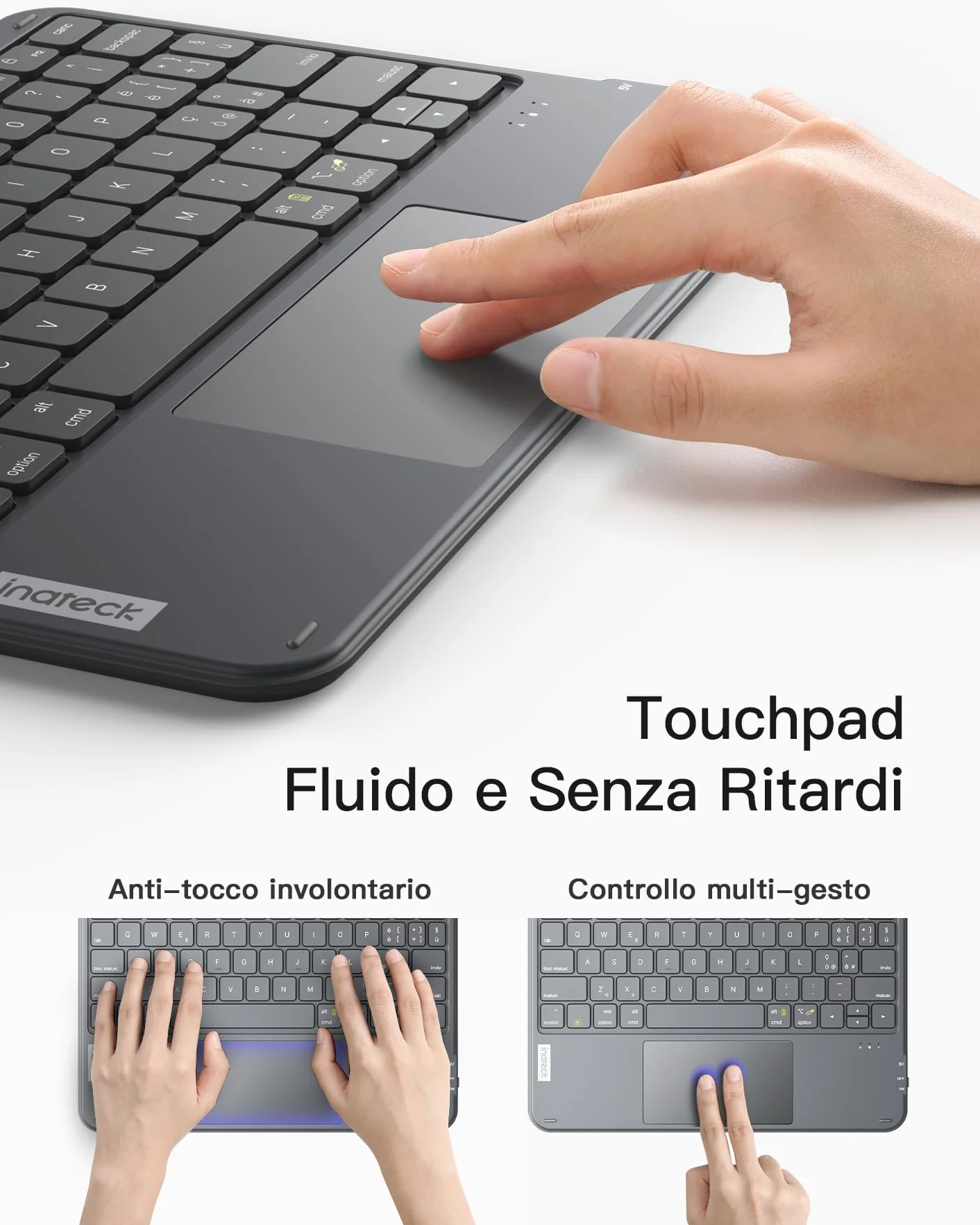 Inateck Tastiera Bluetooth con Touchpad Integrato, Tastiera Wireless Ultra Sottile per Tablet PC iPad, QWERTY Layout Italiano Ricaricabile, Compatibile con Windows iPadOS Android, Grigio