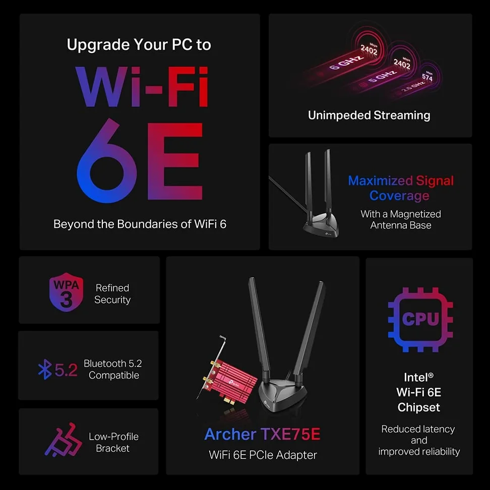 TP-Link Archer TXE75E AXE5400Mbps Tri-Band WiFi 6E Bluetooth 5.2 Adattatore PCIe con Due Antenne, Adattatore WiFi per PC, Chipset Intel, Base Antenna Magnetizzata, Staffa a Basso Profilo Incluso, WPA