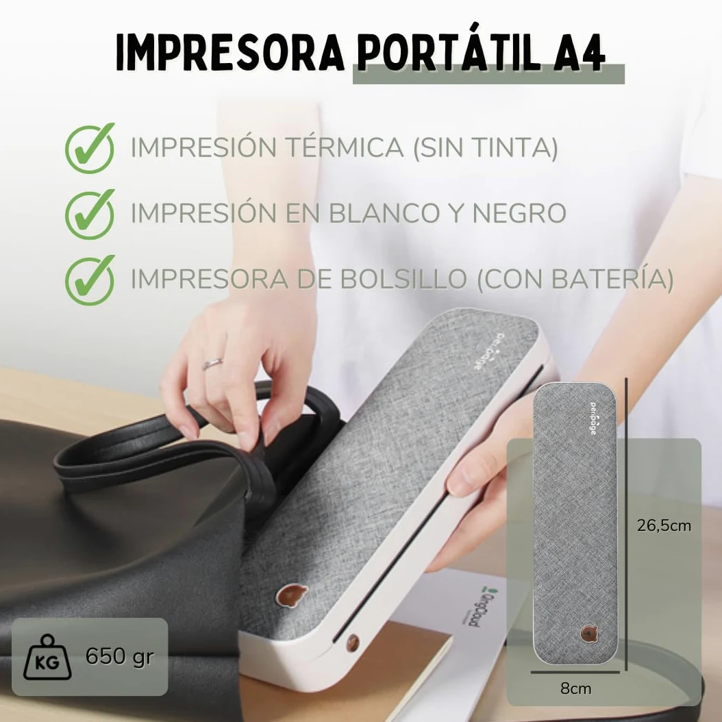 Stampante portatile termica Bluetooth A4 – Stampante portatile da viaggio con carta termica senza inchiostro e toner – compatibile con computer Windows, Mac... e cellulari Android, iOS – PeriPage