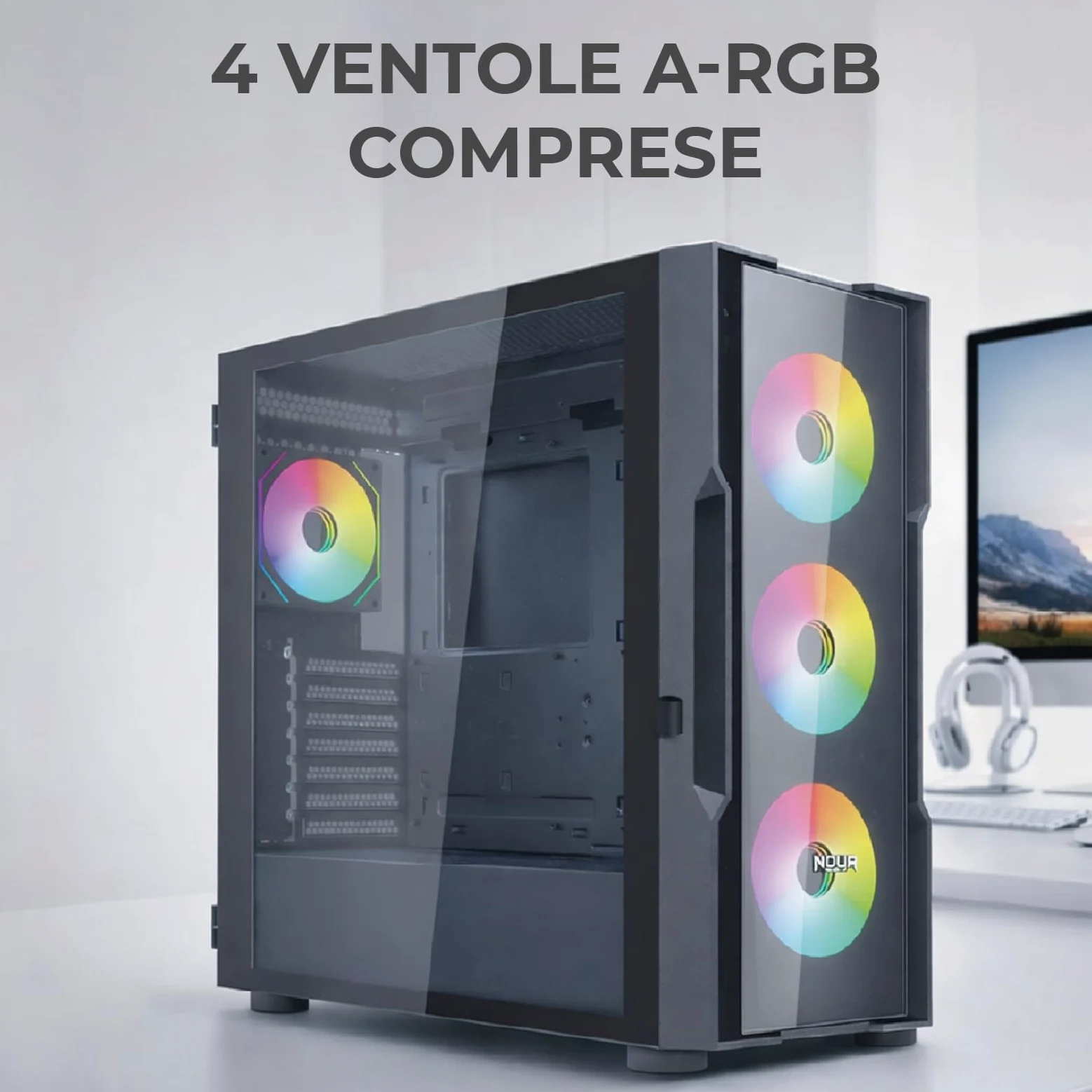 Noua Smash SK100 Case Gaming PC Mid-Tower ATX/E-ATX | Doppio Vetro Temperato | 4 Ventole ARGB PWM Preinstallate | AIO 360mm | GPU fino a 400mm | Airflow Ottimizzato