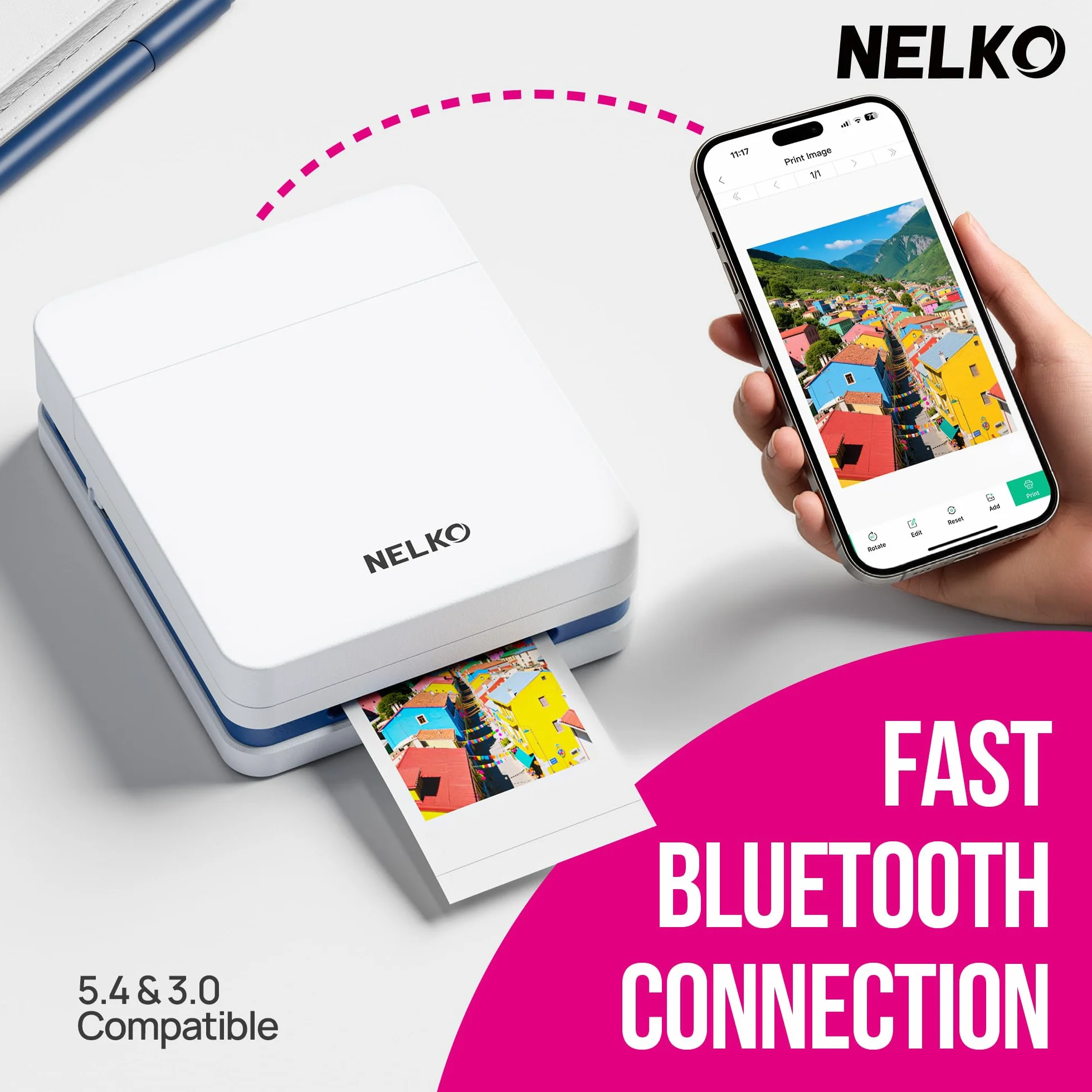 Nelko PP01 Stampante fotografica portatile con 100 fogli di carta e cartuccia d'inchiostro, stampa fotografica istantanea con retro adesivo per iOS/Android, mini stampante tascabile con divertente app
