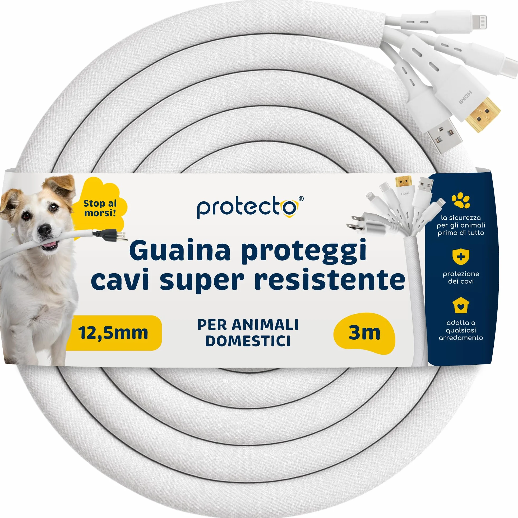 PROTECTO Protezione per cavo resistente per cani e gatti, diametro 1,27 cm, 3 m, facile da usare, per animali domestici, trasparente, inodore, colore bianco, soluzione senza masticazione