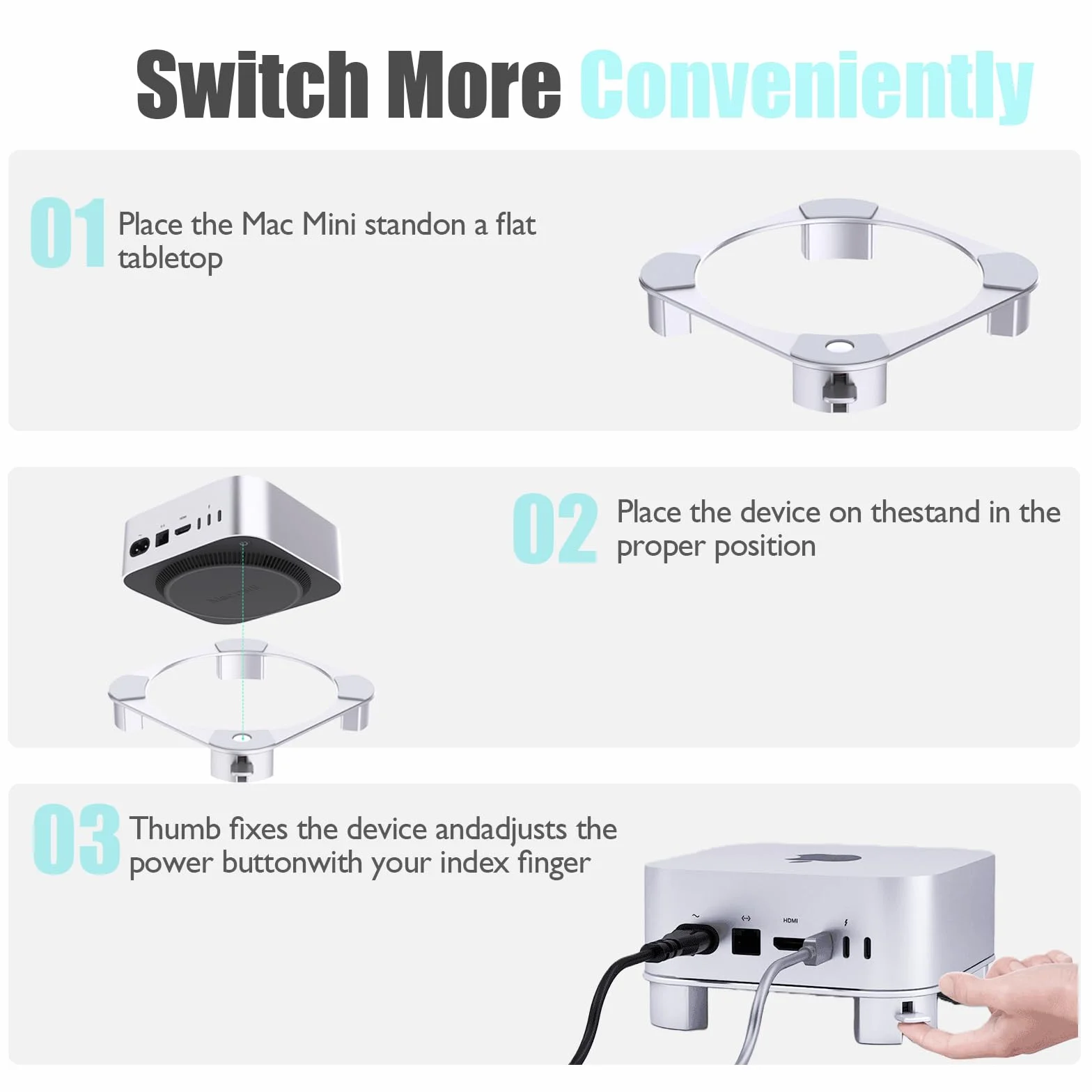 Supporto in alluminio per Mac mini M4/M4 Pro, con pulsante di accensione facile da raggiungere, ventilazione migliorata e dissipazione del calore, design antiscivolo stabile per un lavoro sicuro ed