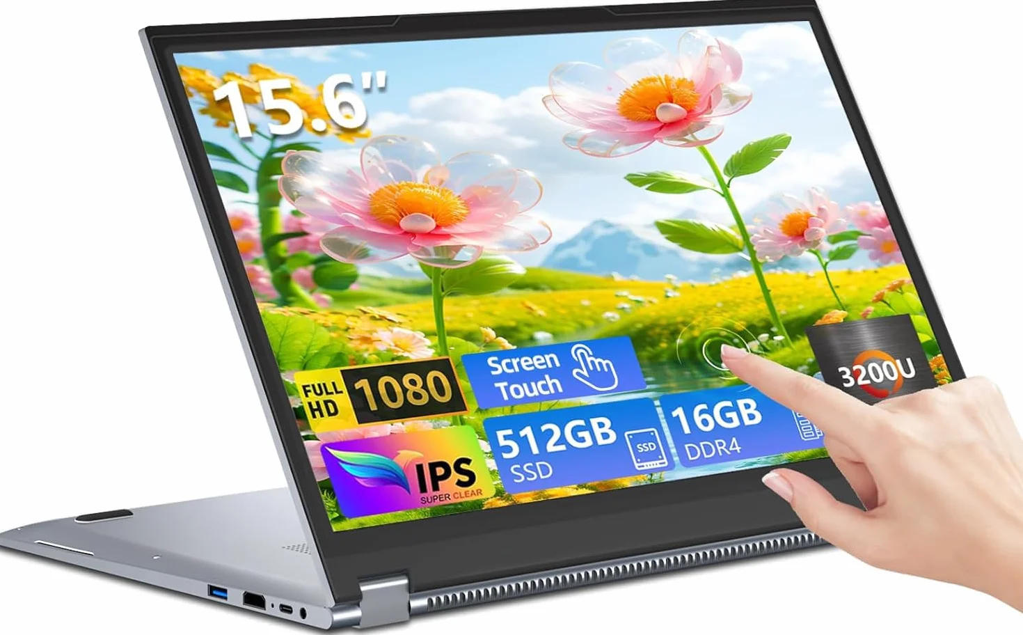 PC Portatile 15,6 Pollici, Computer Portatile 2 in 1, Notebook Capovolgimento a 360° 1920X1080 IPS,16GB RAM 512GB SSD ,Ryzen R3 3200U Laptop, Supporto USB RJ45 Type-C,Per Studio Lavoro