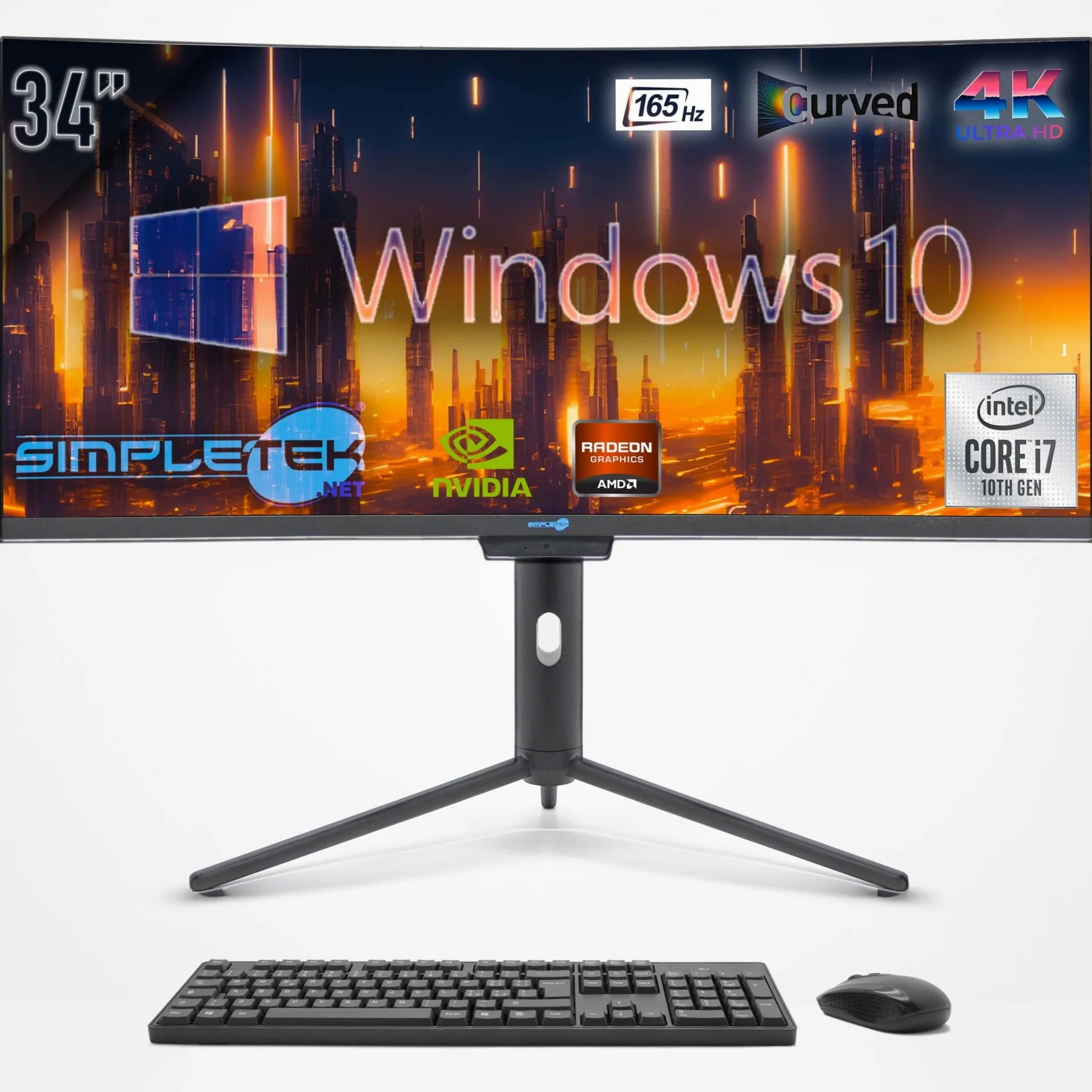 SIMPLETEK - Computer All in One 34" Schermo Curvo 4K 165Hz per Gaming, Grafica | Core i7 10° Gen | Windows 10 Pro | GPU GTX1050 TI 4GB | 8GB RAM SSD 240GB | Webcam 2K | BT 5.2
