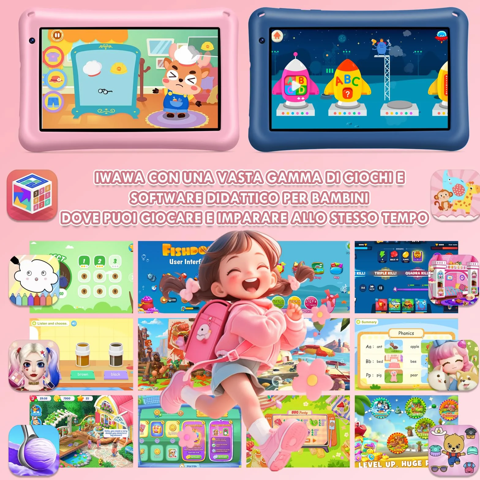 Tablet Bambini 7 Pollici Android 13 Octa Core 8GB RAM 64GB ROM Espandibile 256GB Schermo IPS Controllo Parentale Custodia Antiurto Rosa