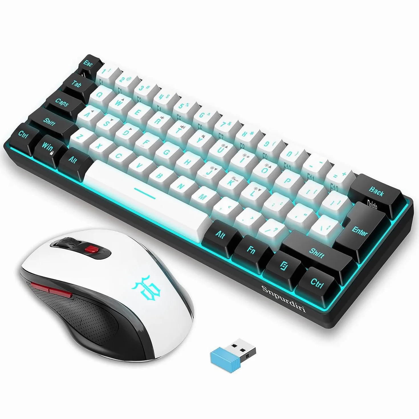 Snpurdiri 60% tastiera mouse senza fili, wireless Gaming Combo, include 2,4 G Small Mini 60% Merchanical Feel, design ergonomico Vertical Feel Mouse (Blackwhite)