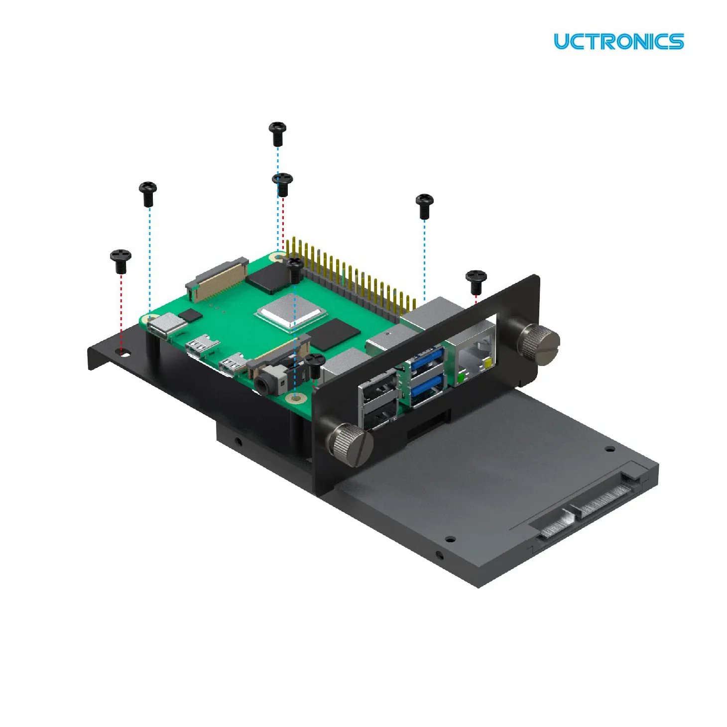 UCTRONICS U6264 19" 1U Raspberry Pi Rackmount, staffa SSD per qualsiasi SSD da 2,5", può contenere fino a 5 schede Raspberry Pi 4B, frontale rimovibile con viti prigioniere