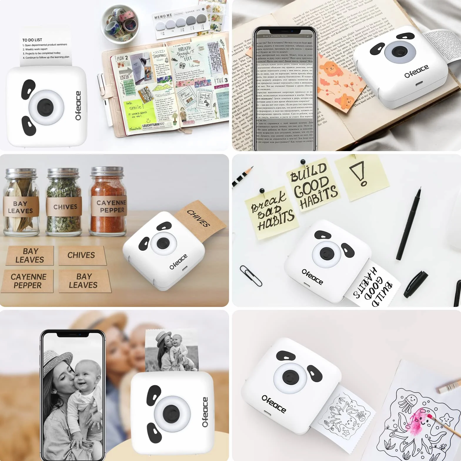 Stampante per foto portatile, mini stampante portatile, stampa termica, 300 dpi, connessione rapida 1 s, 1100 mAh, etichetta di ricevuta, nota, adesivo, codice QR, Android e iOS, Panda Design