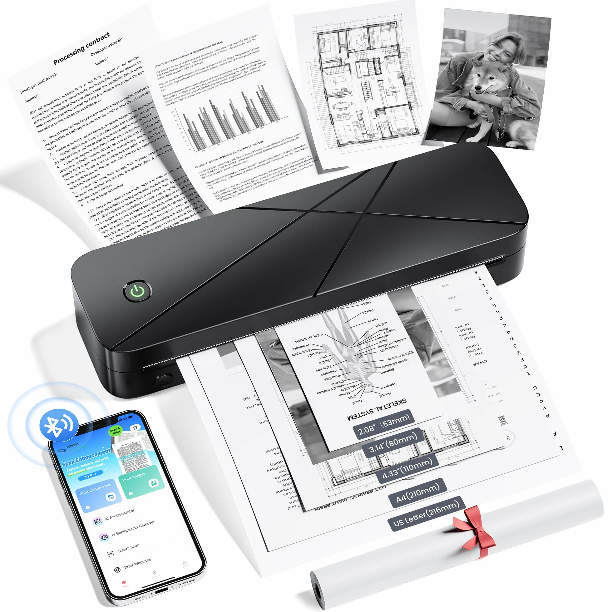 Stampante Portatile A4 Termica Senza Inchiostro Bluetooth per Telefono Laptop Auto Casa Ufficio