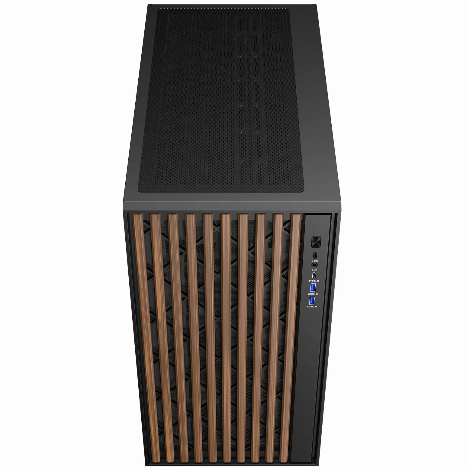 Itek case WOODY - Gaming Tower, ATX, 3x14cm Black fan, 2xUSB3, Type-C, Wood Front, Temp Glass Side Panel