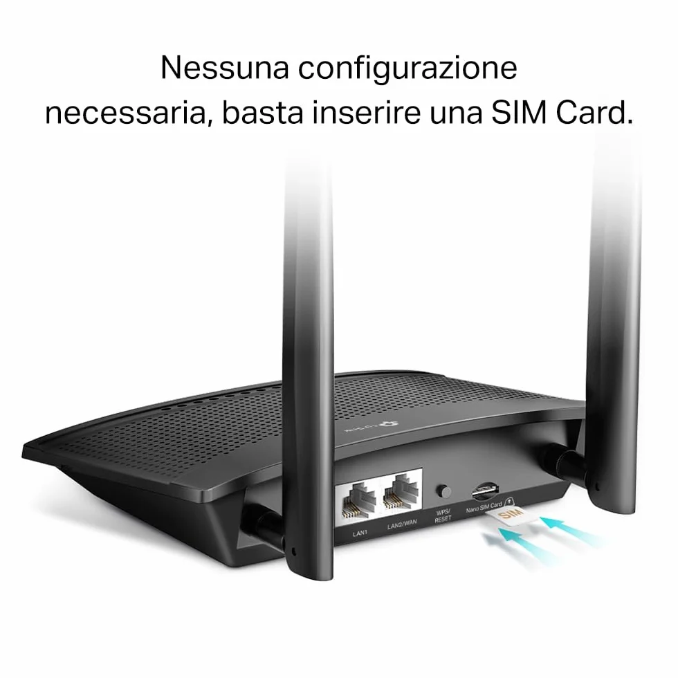 TP-Link TL-MR110 Cat4 Router 4G LTE Wireless N300Mbps, Router WiFi con Sim, Due Antenne LTE Rimovibili, Porta LAN/WAN, Modem 4G Sim, Senza Configurazione, Collega Fino a 32 Dispositivi, Plug&Play