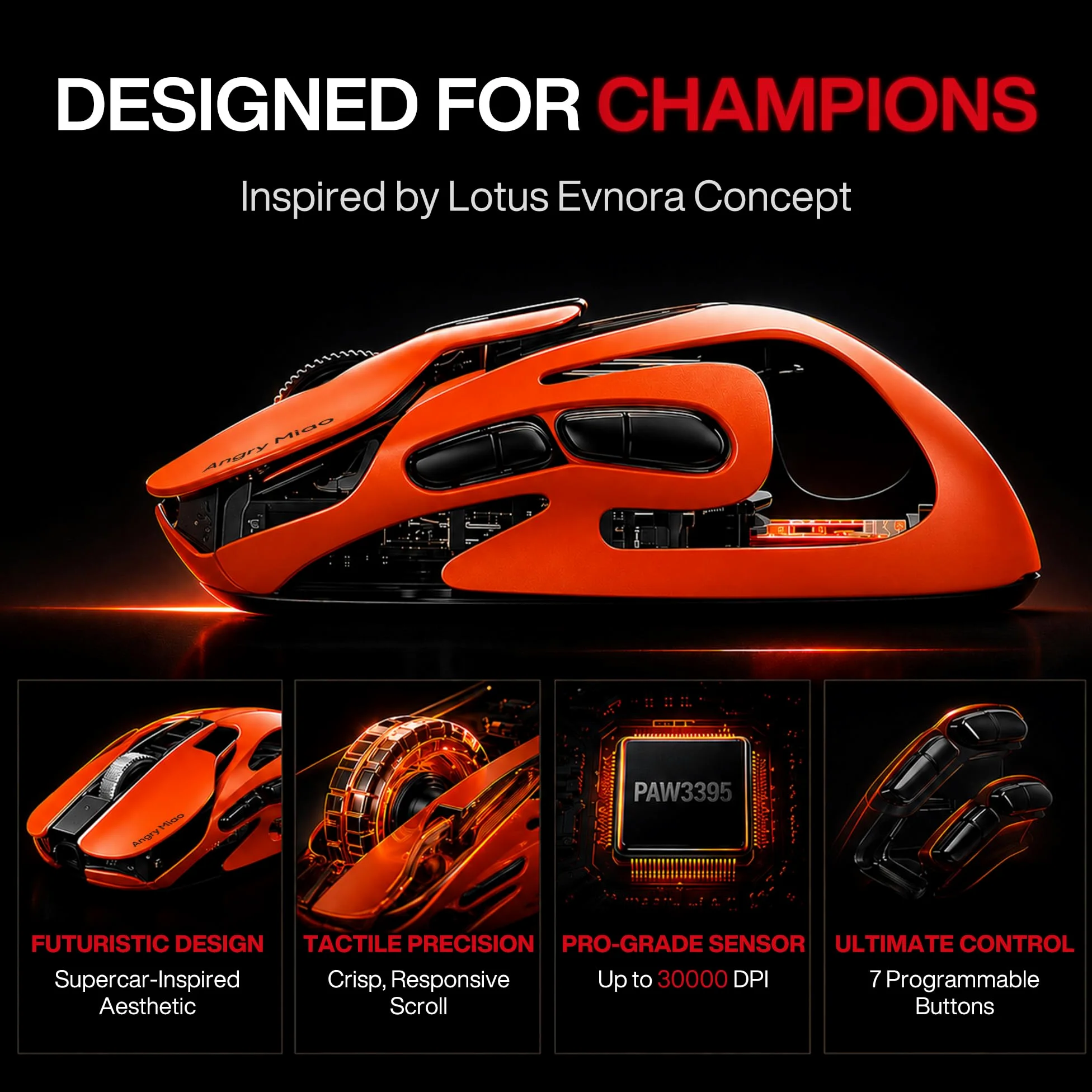 AM Infinity Gaming Mouse wireless - Arancione Blaze, design in metallo ultraleggero da 49 g, sensore PAW3950 da 30000 DPI, doppio polling 8K, batteria sostituibile a caldo, mouse da gioco Tri-Mode