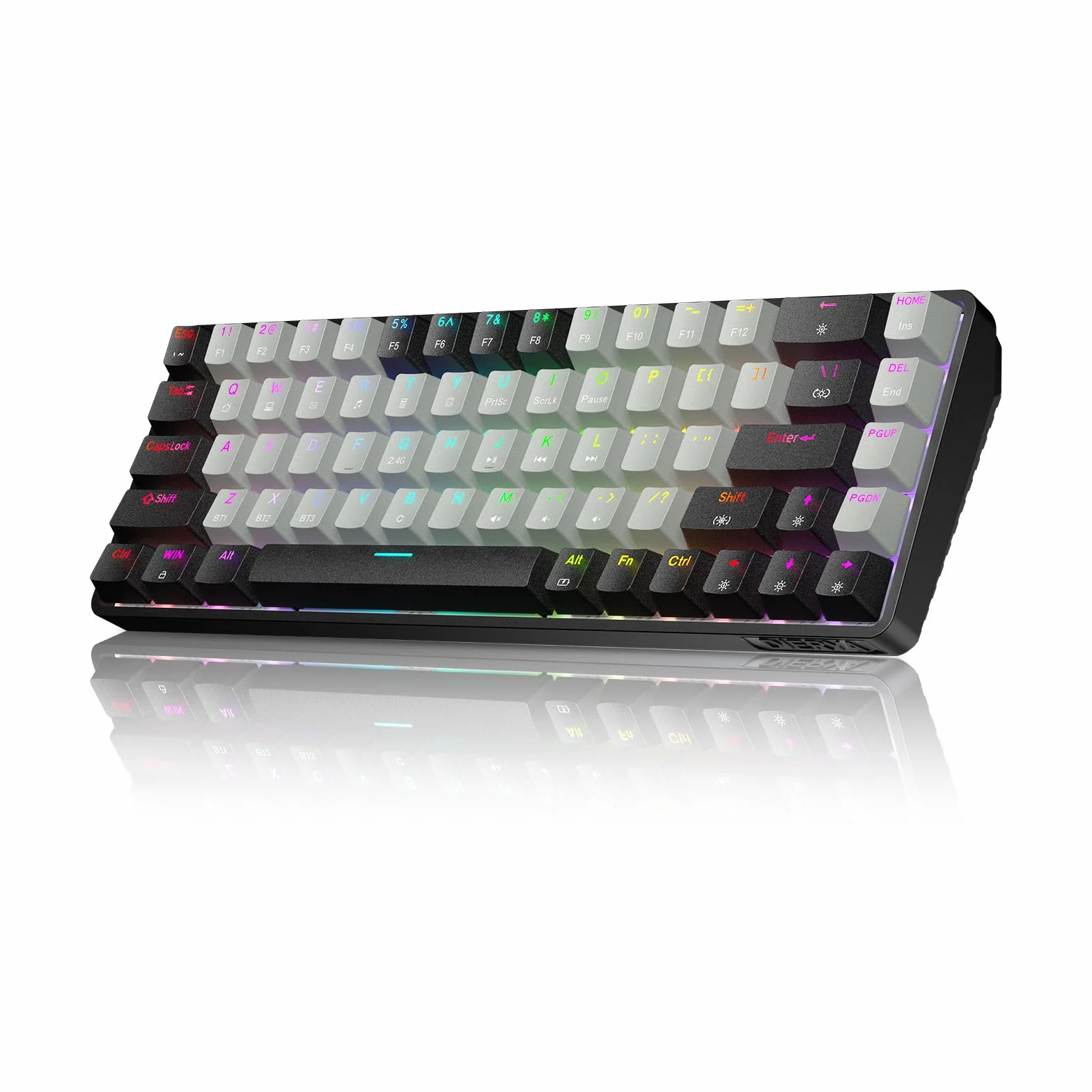Dierya DK68 Tastiera Gaming Wireless,60% Tastiera Meccanica Bluetooth/2.4G/USB-C RGB,Interruttore Rosso,Double-Shot ABS Keycaps Compatibile con Win/Mac,Grigio nero-A(Layout US,QWERTY)