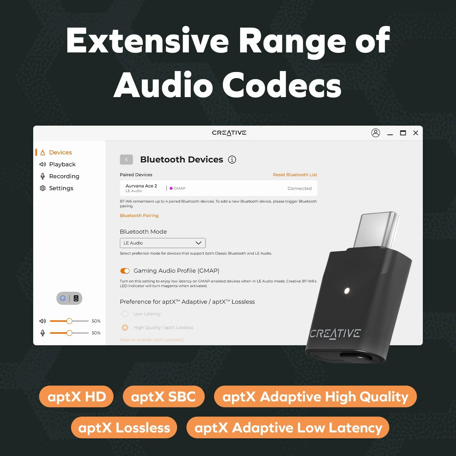 Creative BT-W6 Trasmettitore audio wireless Bluetooth 5.4 e LE con suono Snapdragon, aptX Lossless, bassa latenza e audio fino a 24 bit/96 kHz, funziona con PC/Mac/console di gioco