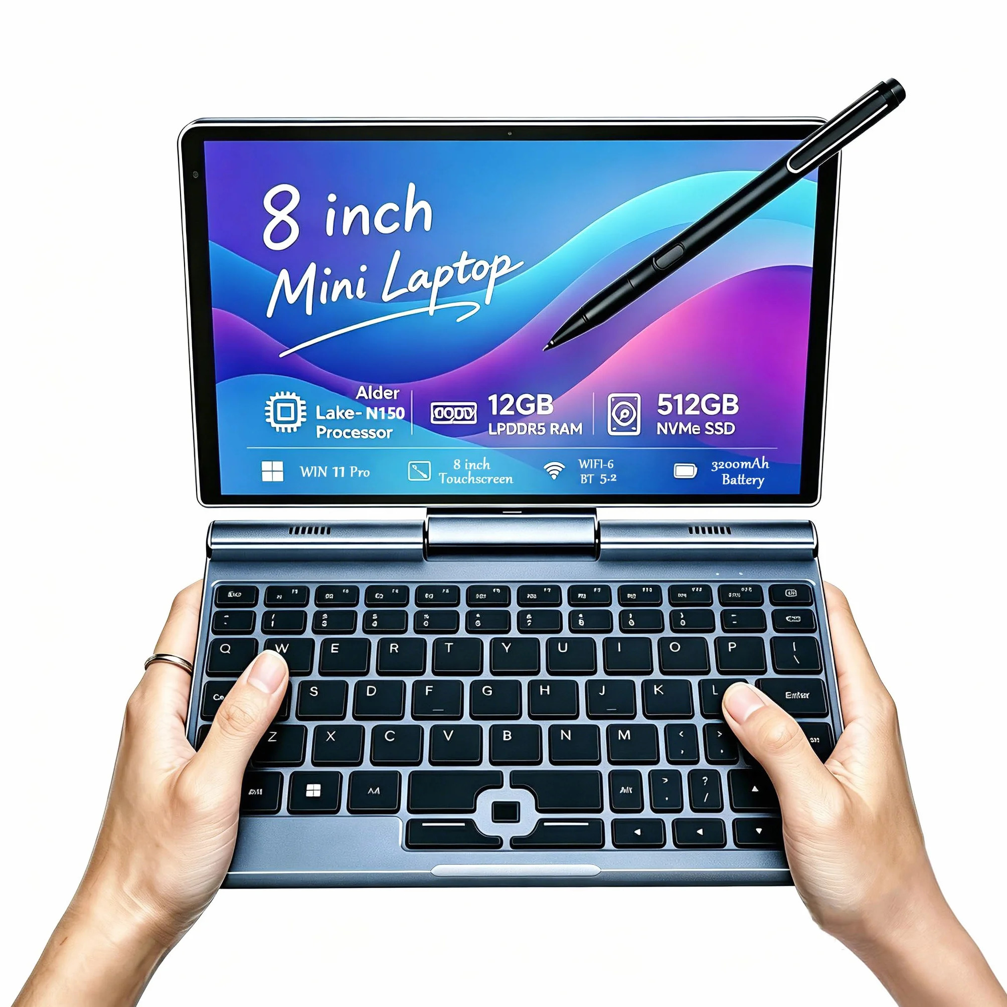 KOOFORWAY 8 Pollici 2-in-1 Mini Laptop, Schermo Touch HD Rotabile con Supporto per Scrittura Manuale, Windows 11 Pro, Laptop Compatto, N100, 12GB RAM, SSD da 512GB/1TB (BP8(12GB+512GB))